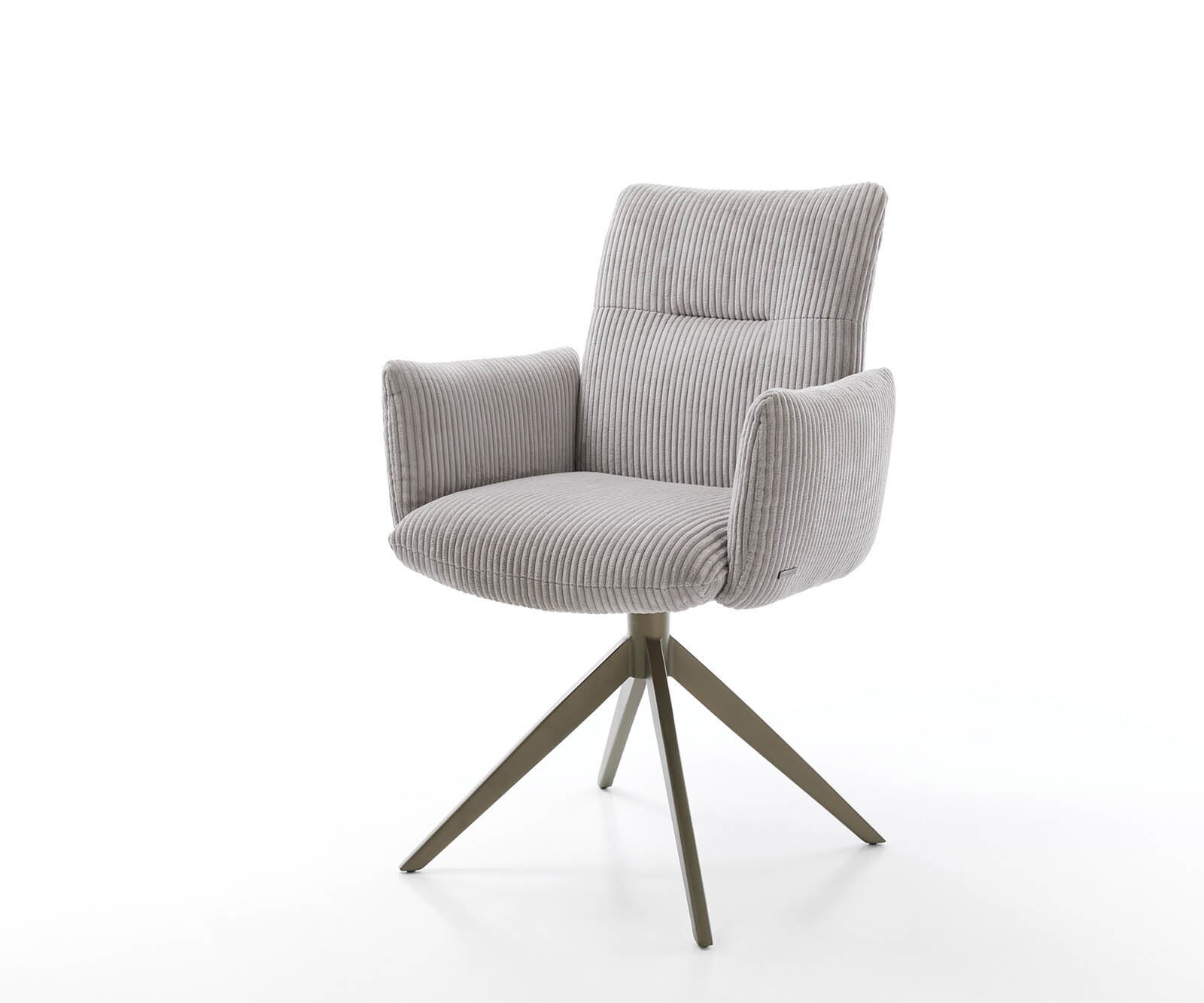 Chaise-pivotante Jova-Flex avec accoudoirs côtelé gris argenté pied croisé large aspect titane pivotement sur 360° ressorts ensachés