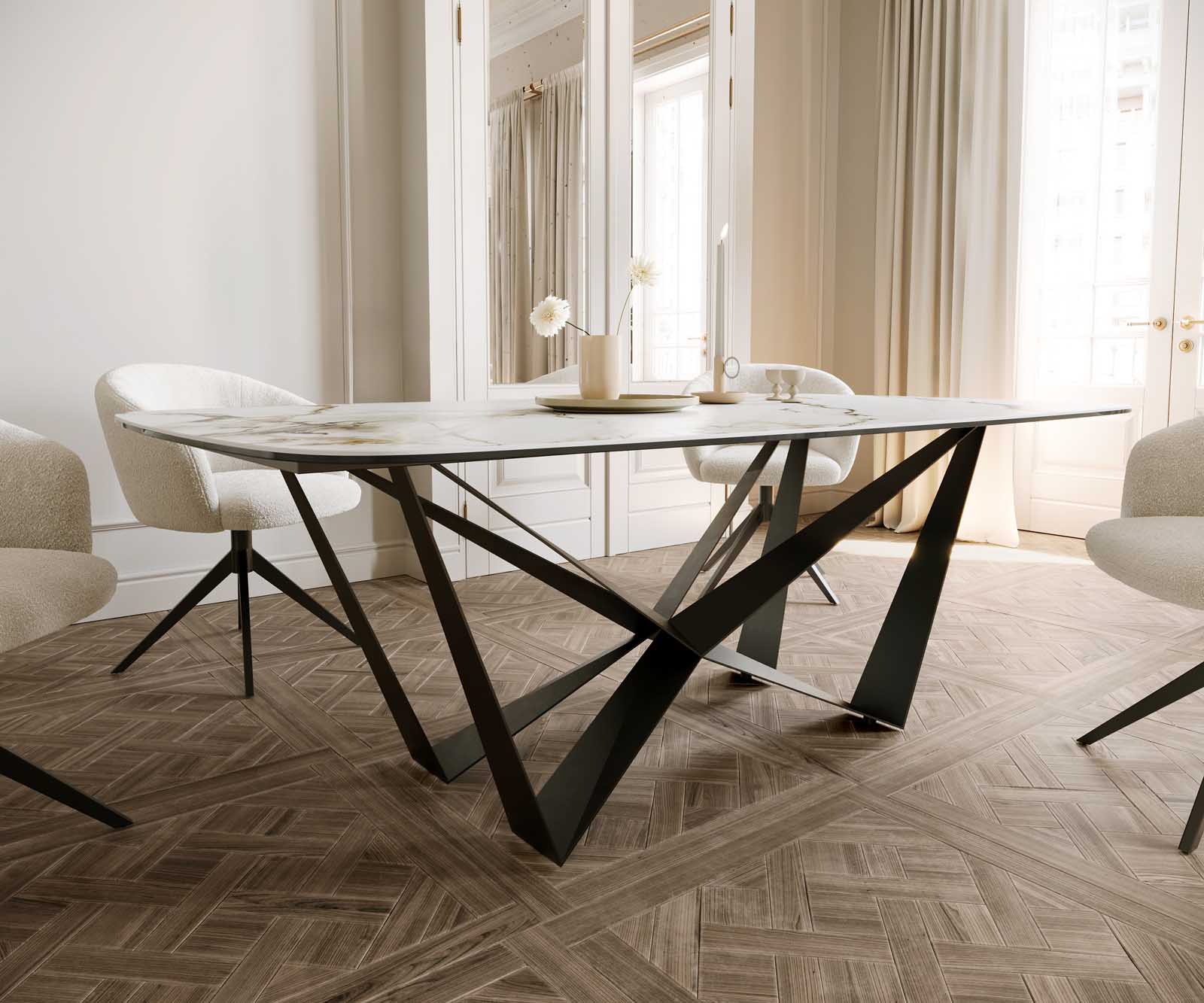 Table à manger Edge en forme de bateau 200x100 céramique Calacatta Luxe blanc-doré-gris Spider acier plat noir 6 Table à manger Edge en forme de bateau 200x100 céramique Calacatta Luxe blanc-doré-gris Spider acier plat noir 6