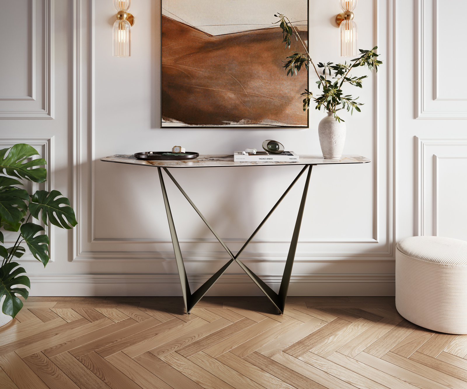 Console Edge Polygonal 140x50 cm Céramique Patagonia Poliert Spios Métal Effektfinish Titan 3