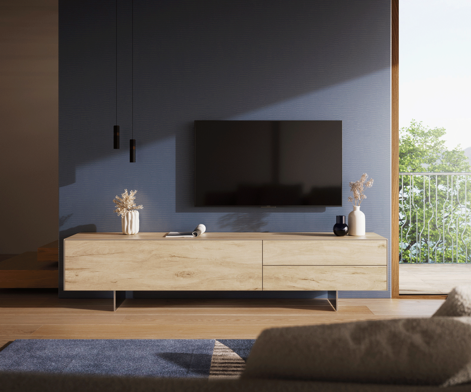 Meuble-TV Cuor 220 cm Céramique Laminam® Sabbia Teinte chêne 1 Clapet 2 Tiroirs Pied optique flottant Ancier inoxydable 1