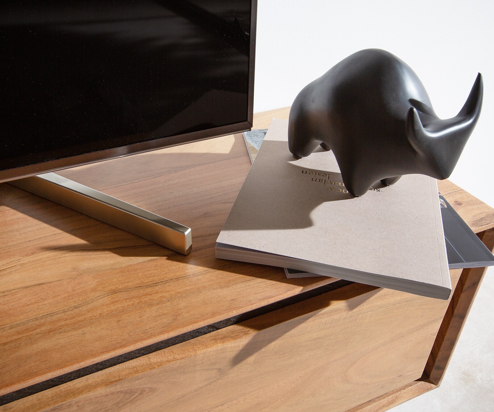 Buffet bas Stonegrace 175 cm acacia nature 2 portes 1 compartiment 1 tiroir placage en pierre flottant 5