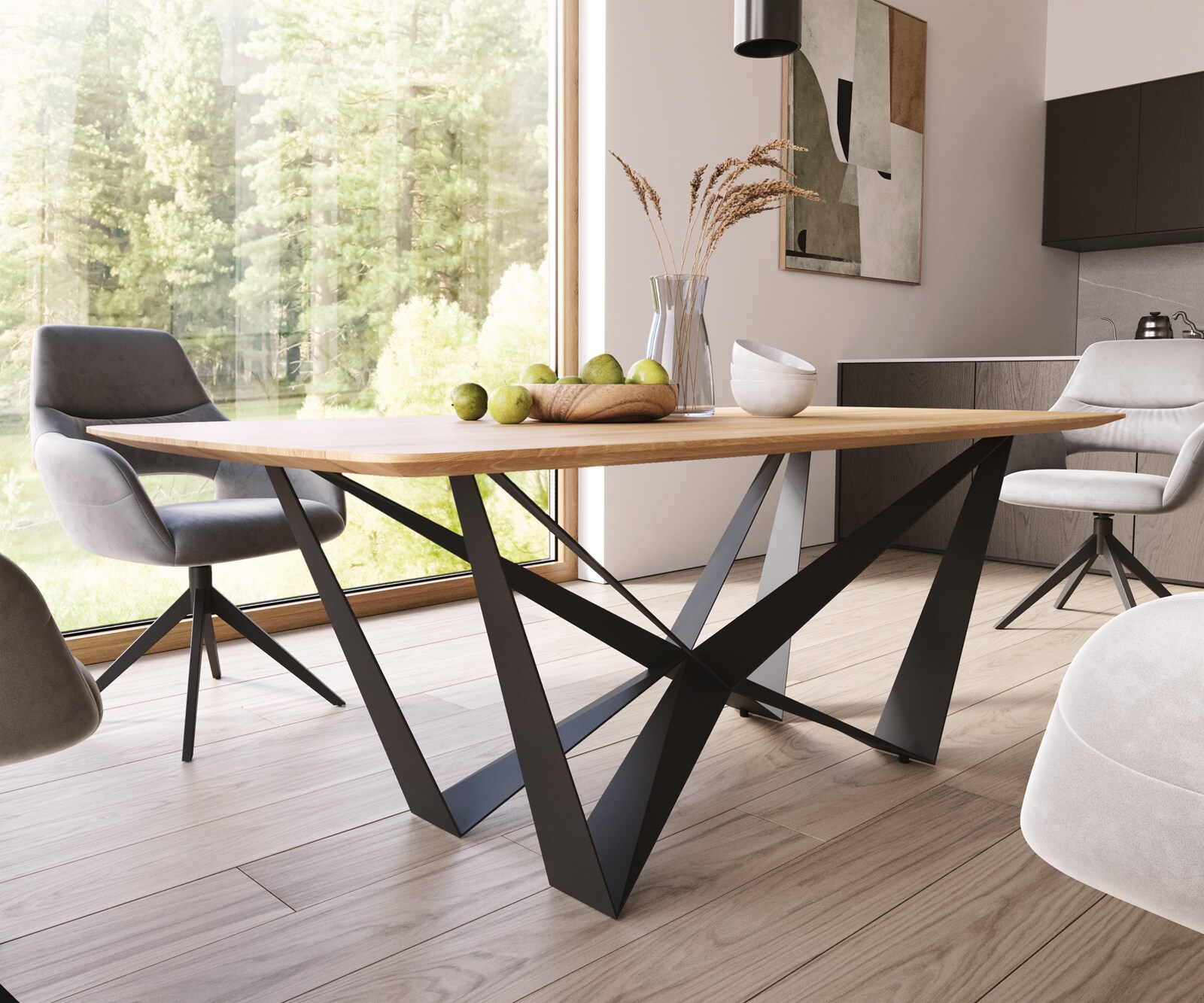 Table à manger Edge Boot 200x100x2,5-3 chêne nature Spider acier plat noir bord suisse 3