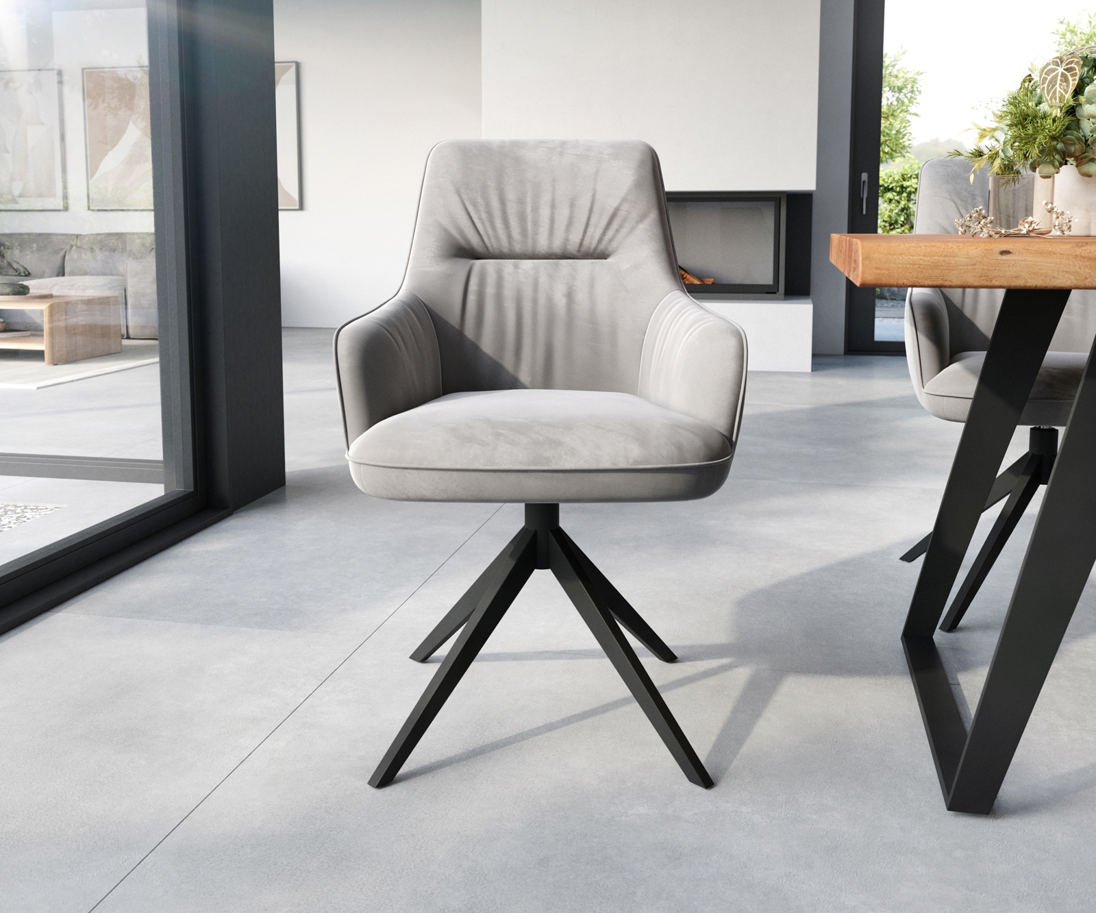 Chaise-de-salle-à-manger Zelia-Flex avec accoudoirs velours gris pied croisé large noir ressorts ensachés 1 Chaise-de-salle-à-manger Zelia-Flex avec accoudoirs velours gris pied croisé large noir ressorts ensachés 1