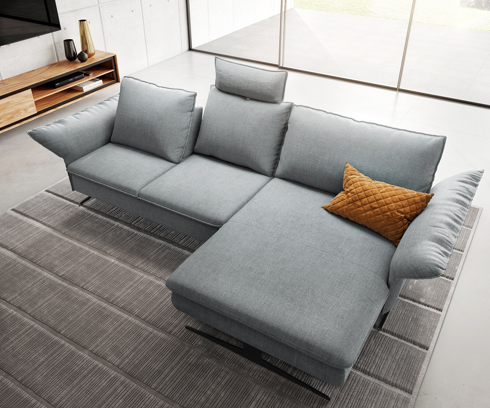 Canapé-d'angle Nerio 300 x 190 cm bleu pastel Récamière droite 7