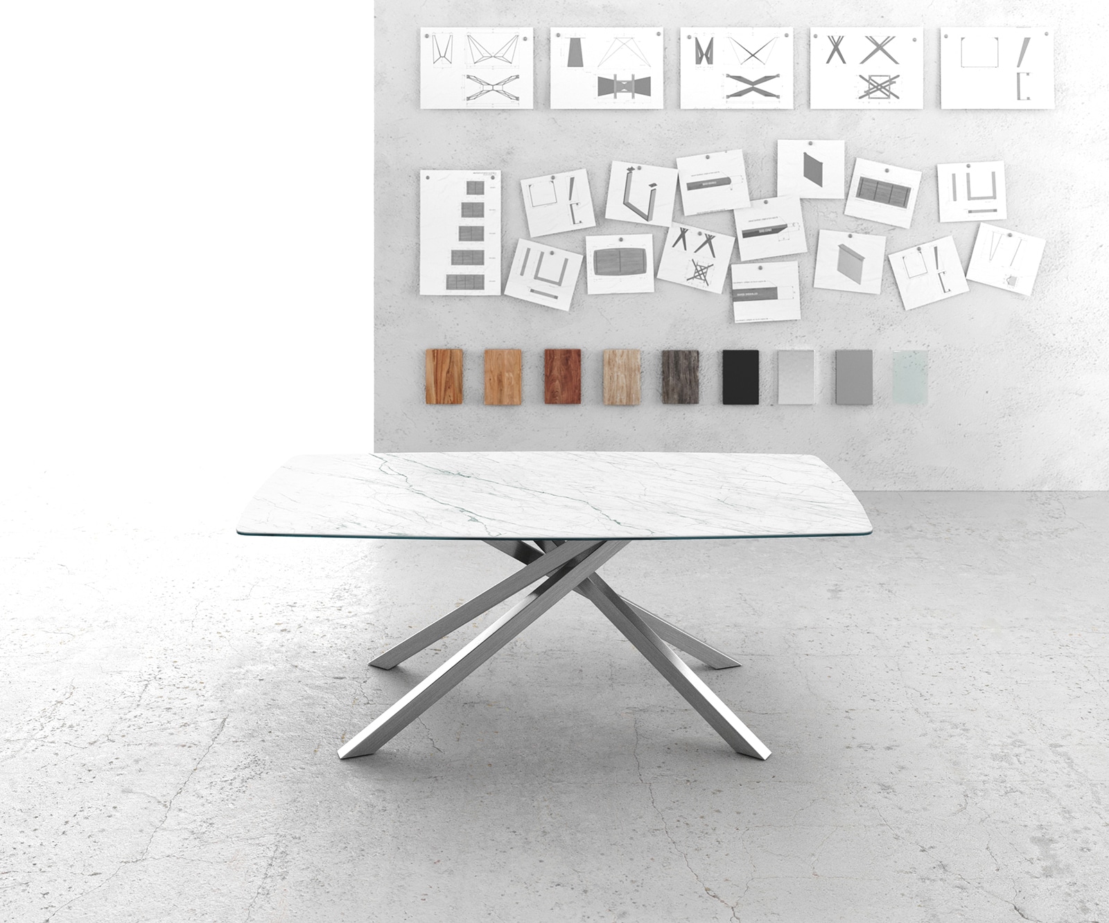 Table-à-manger Edge forme Boot 200x100cm Laminam® céramique blanc pieds milieu croisé argent 4 Table-à-manger Edge forme Boot 200x100cm Laminam® céramique blanc pieds milieu croisé argent 4