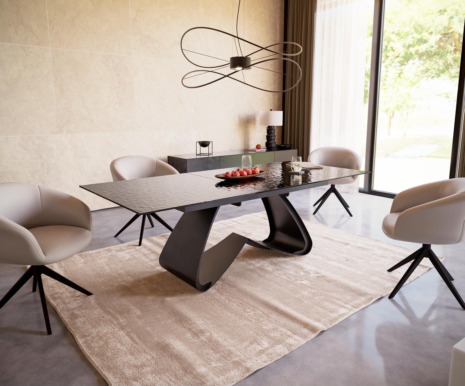 Table à manger Edge 180-220x100 verre fondu noir fumé relief en 3D cadre en W noir extensible 5 Table à manger Edge 180-220x100 verre fondu noir fumé relief en 3D cadre en W noir extensible 5