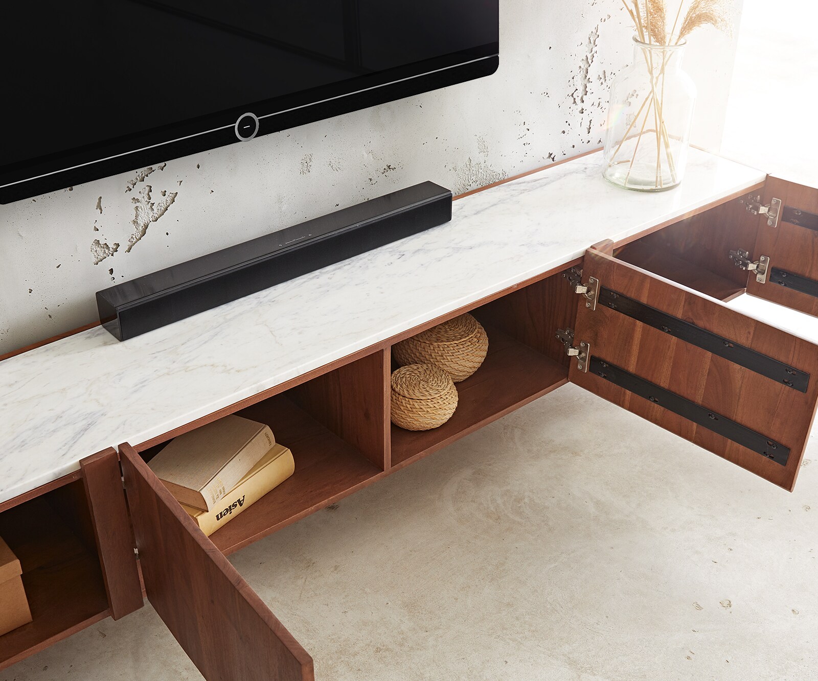 Meuble-TV Secara 200 cm acacia marron 4 portes marbre flottant 4 Meuble-TV Secara 200 cm acacia marron 4 portes marbre flottant 4