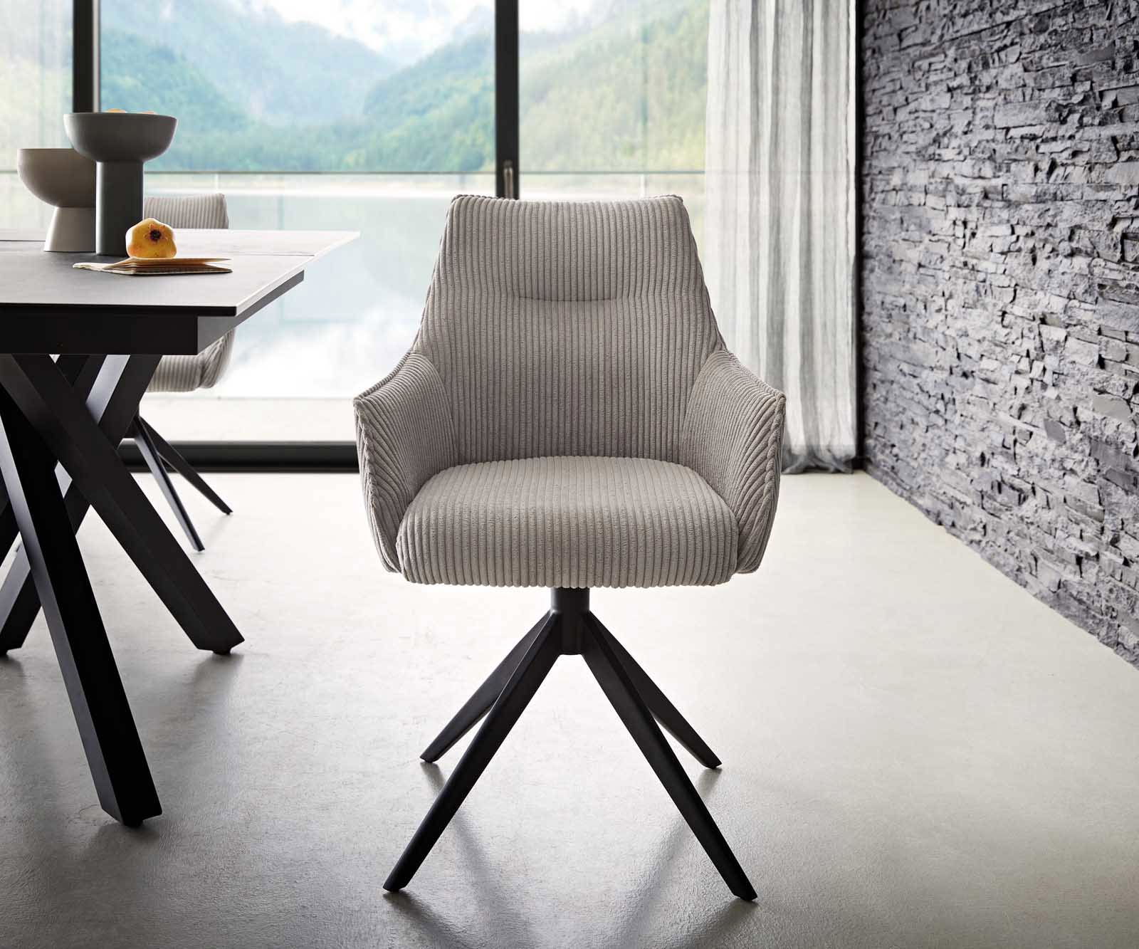 Chaise-pivotante Alja-Flex avec accoudoirs côtelé gris argenté pied croisé large noir pivotement sur 360° ressorts ensachés 1
