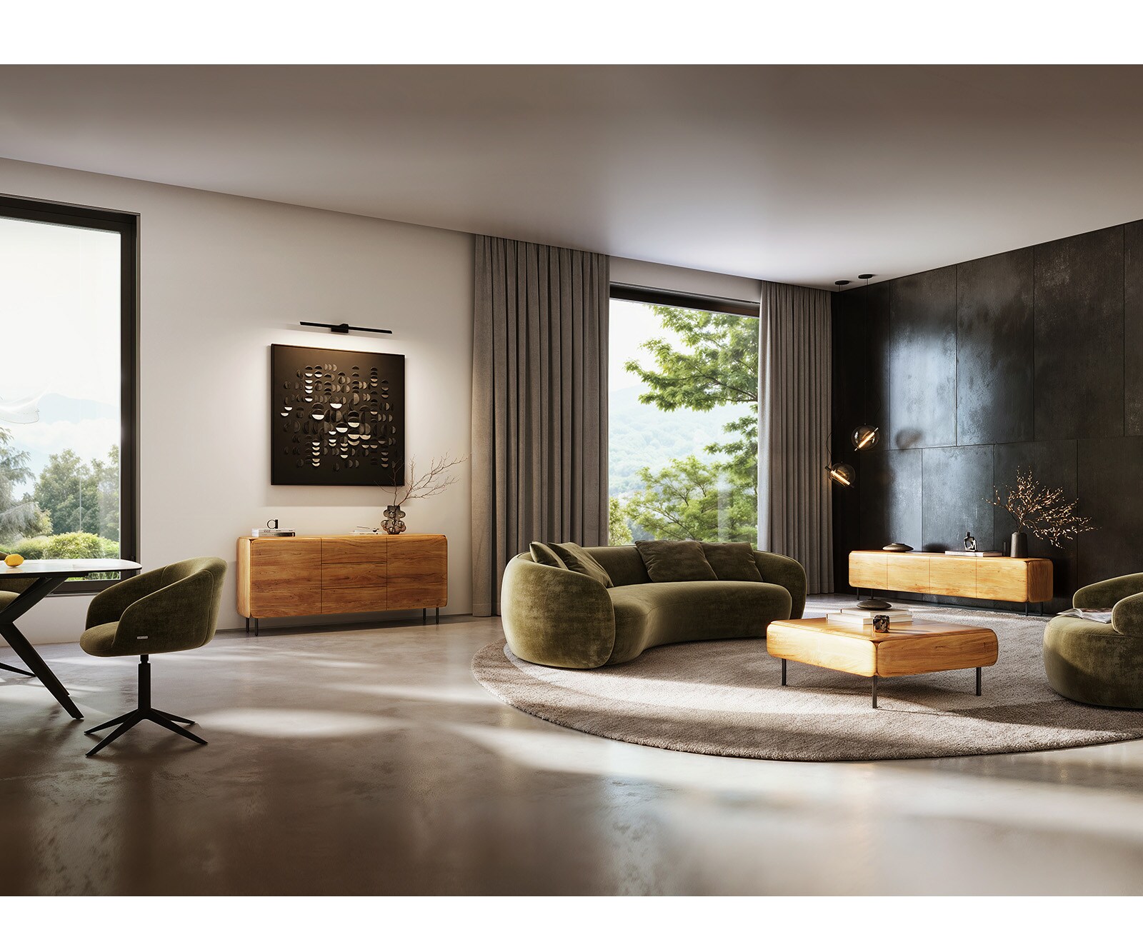 Buffet Shavani 145 cm, acacia naturel, 2 portes, 3 tiroirs, pieds en L, métal noir 6