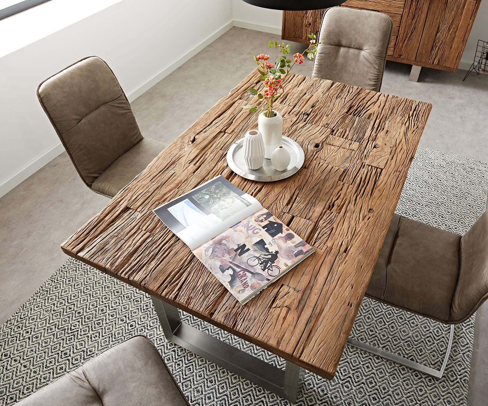Table-à-mange eclaimed 140x90x75 cm aspect vintage acier inoxydable large 4