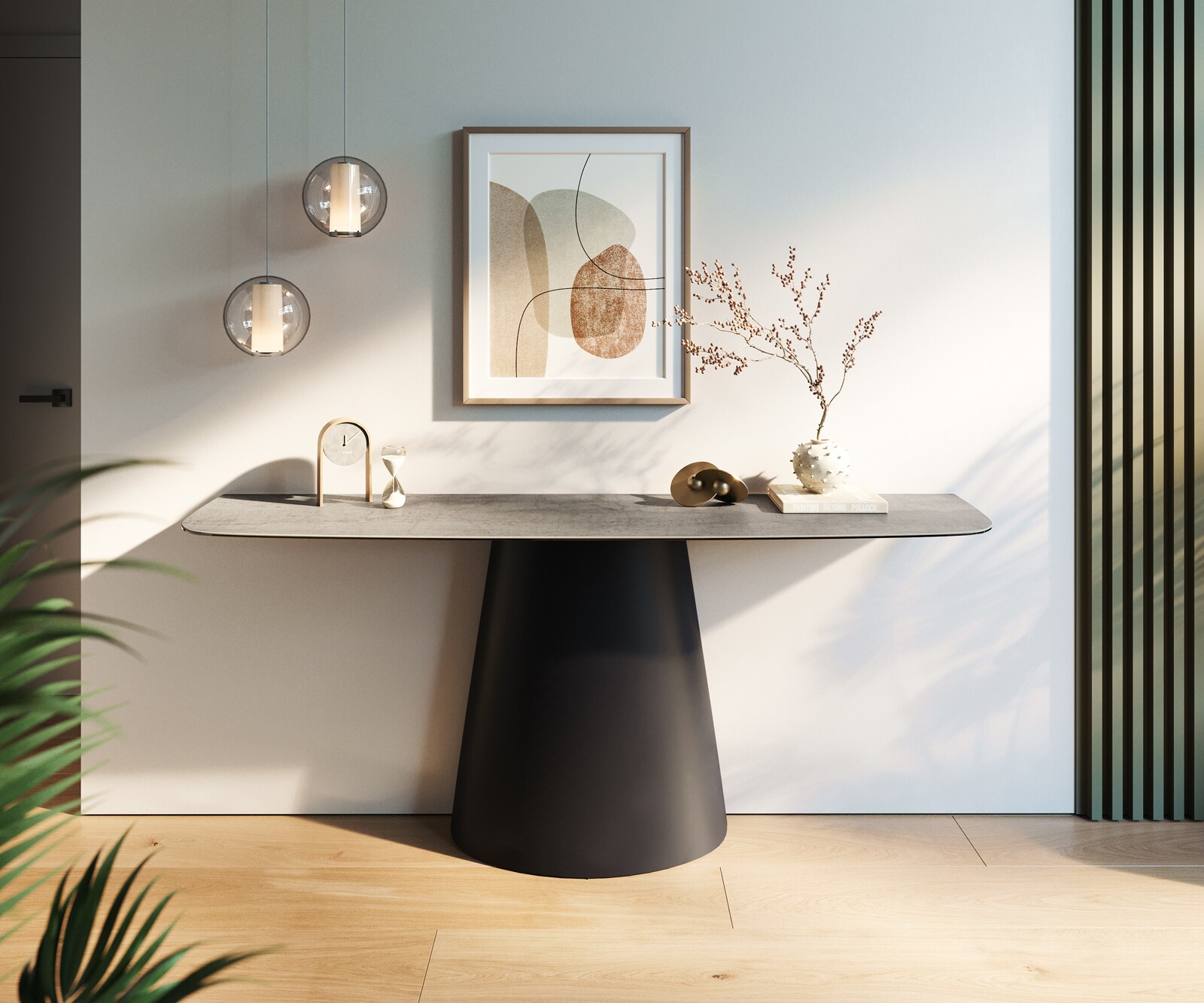 Console Edge forme bateau 180x40 cm Céramique Gris béton Conos Métal Noir 2