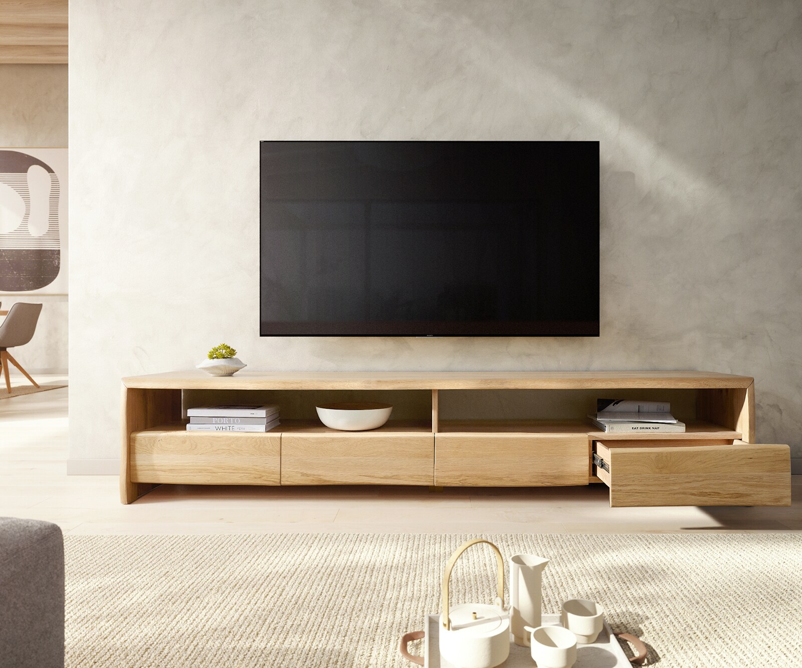 Meuble TV Live-Edge 230 cm chêne naturel 4 tiroirs bordure d'arbre massif  4