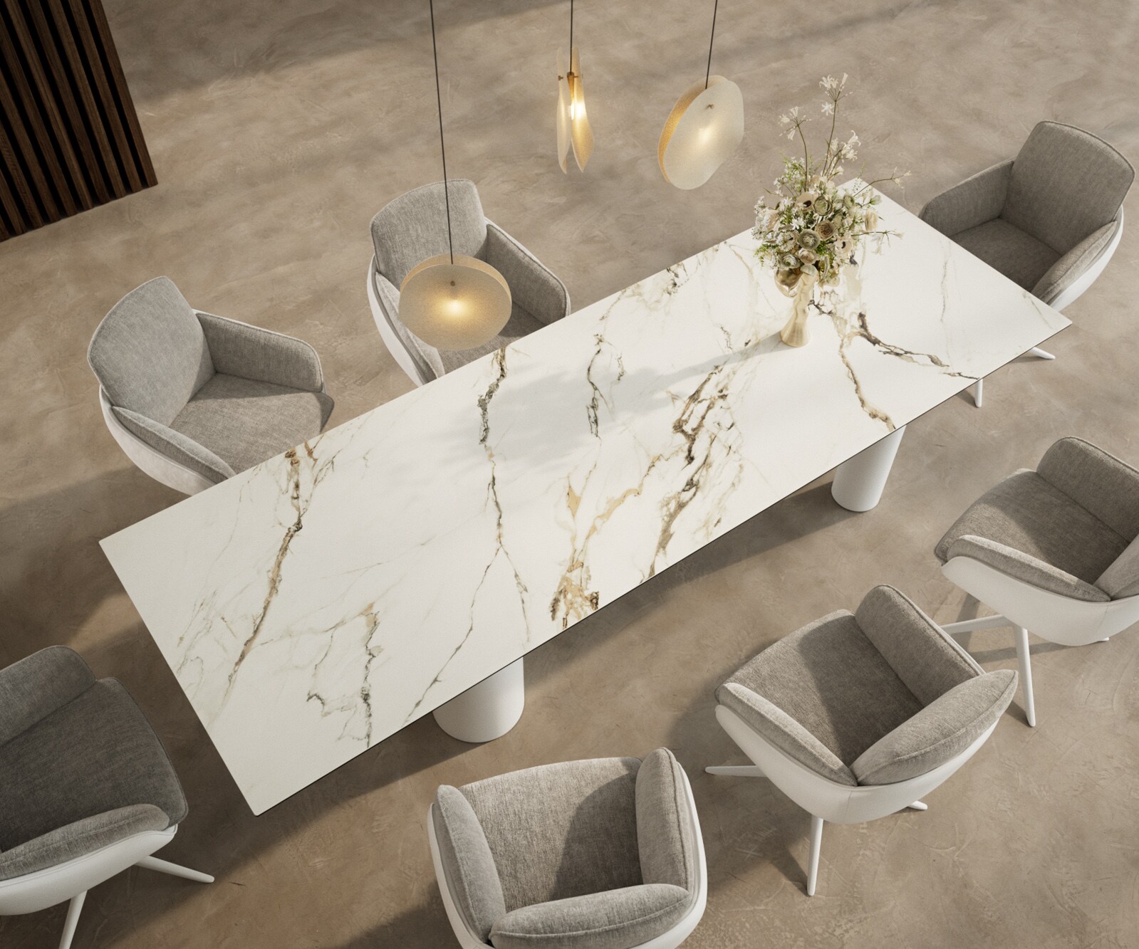 Table à manger Edge 300x100 Céramique Calacatta Luxe Blanc-Doré-Gris Pilier Métal Blanc 3