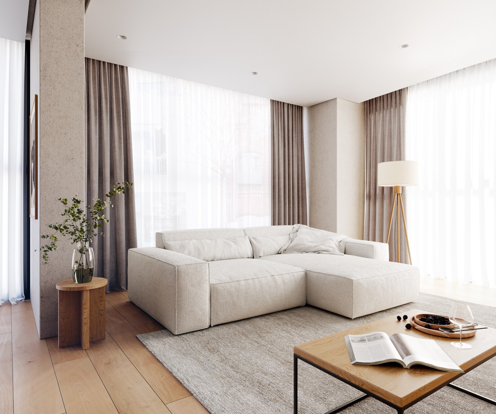 Canapé d'angle Sirpio XL 270x170 cm Bouclee Crème-blanc Recamiere variable 1