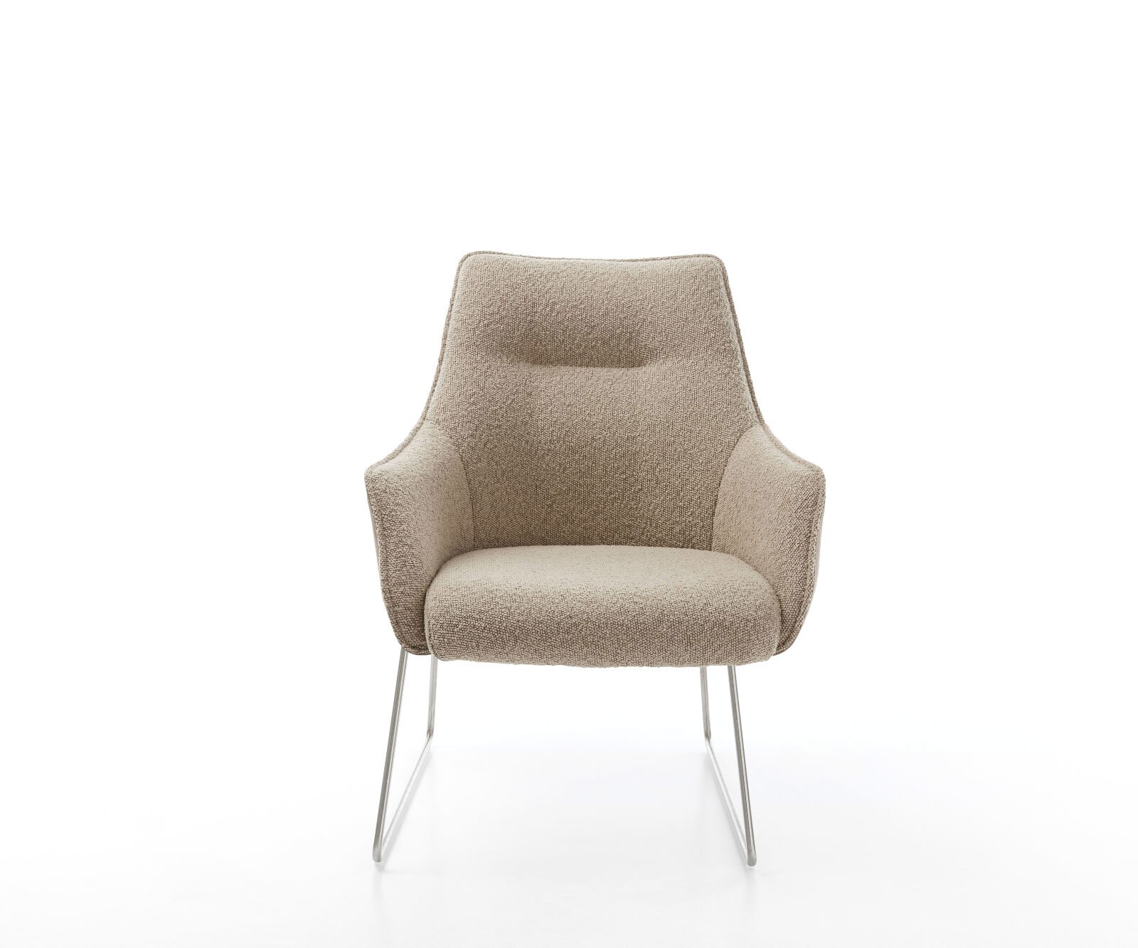 Chaise-de-salle-à-manger Alja-Flex avec accoudoirs tissu mixte couleur boue pied trapèze acier inoxydable brossé ressorts ensachés 2