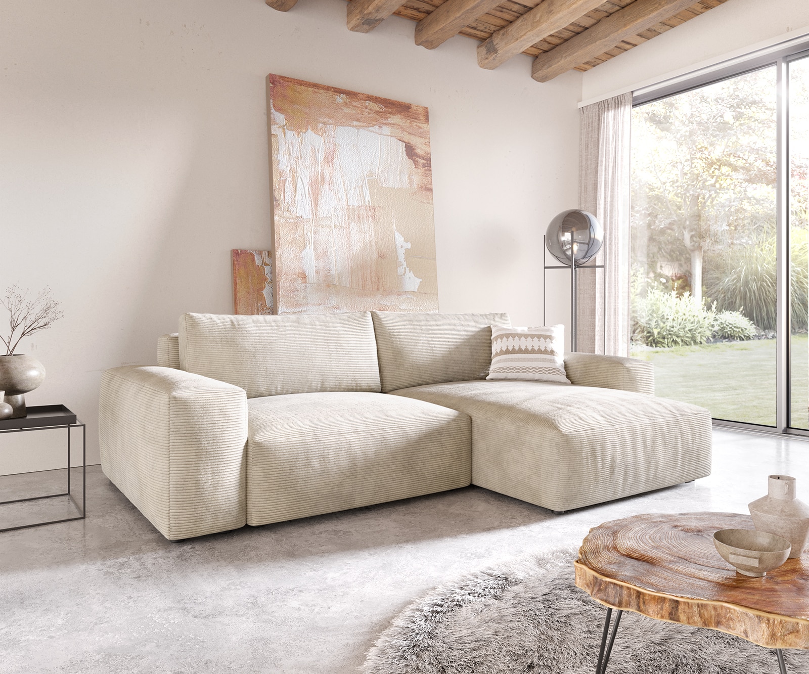 Canapé d'angle Lanzo XL 270x180 cm Velours côtelé Beige Recamière variable Canapé d'angle Lanzo XL 270x180 cm Velours côtelé Beige Recamière variable