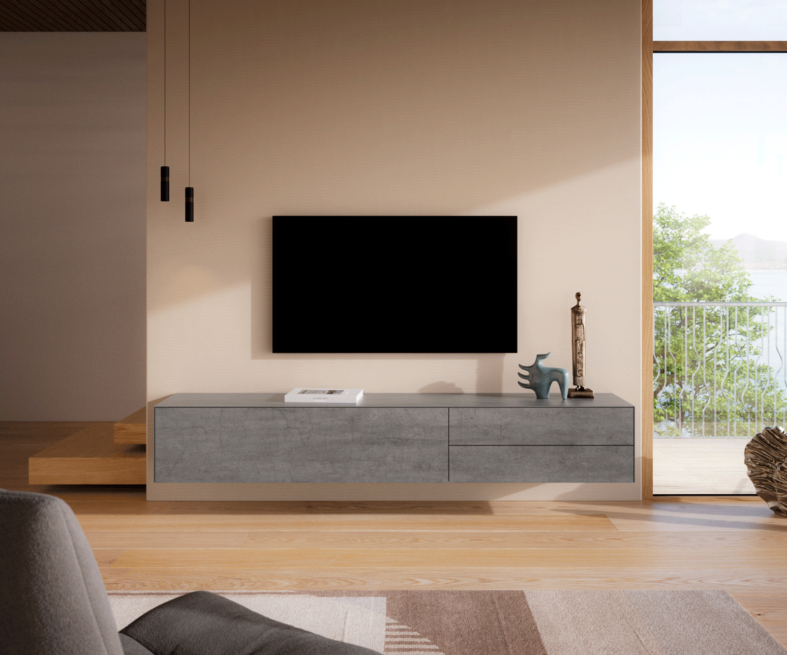 Meuble-TV Cuor 220 cm Céramique Béton gris 1 Clapet 2 Tiroirs Flottant 2