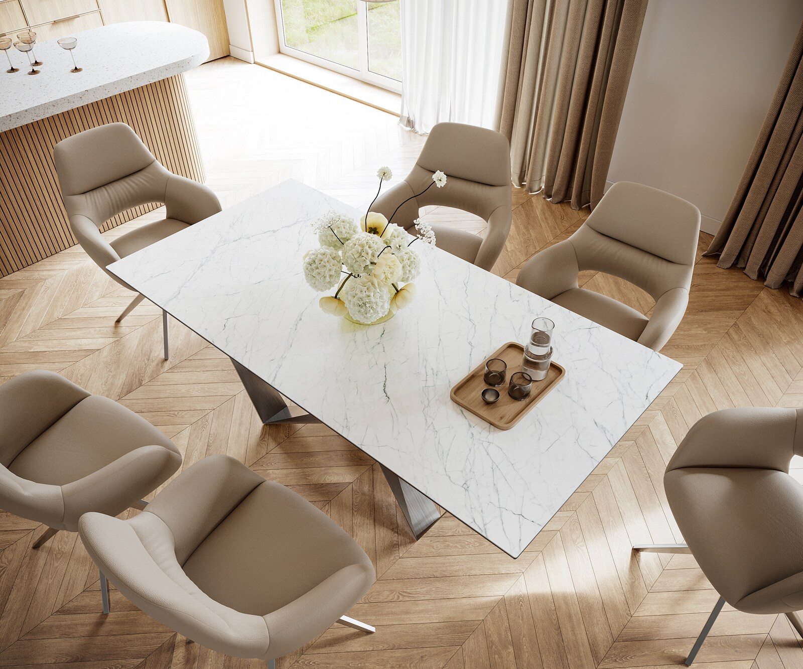 Table-à-manger Edge 200x100cm Laminam® céramique blanc pieds milieu acier plat argent 3