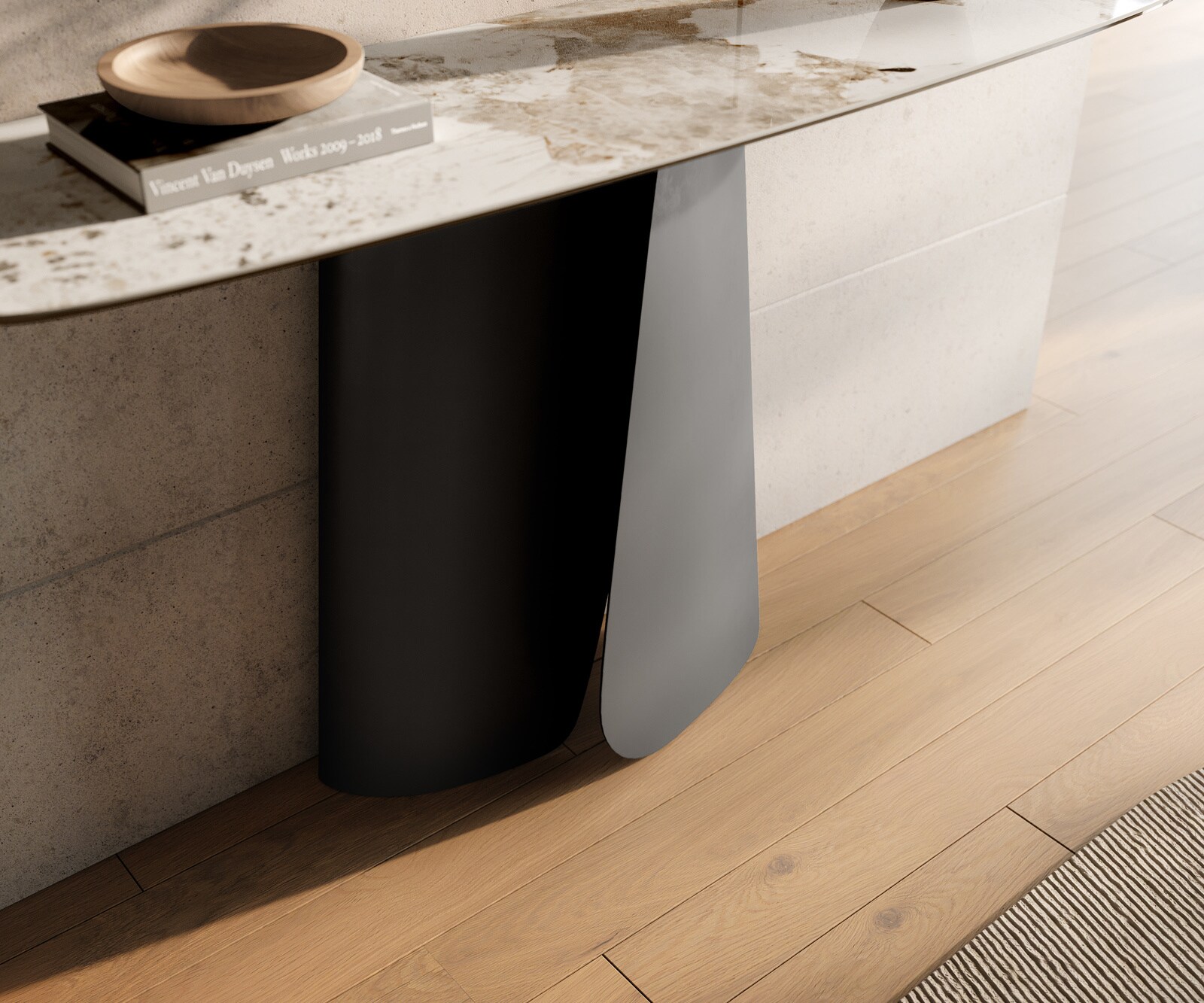 Console Edge forme bateau 140x40 cm Céramique Minas Melange Weiß-Beige Livos Métal Noir 5