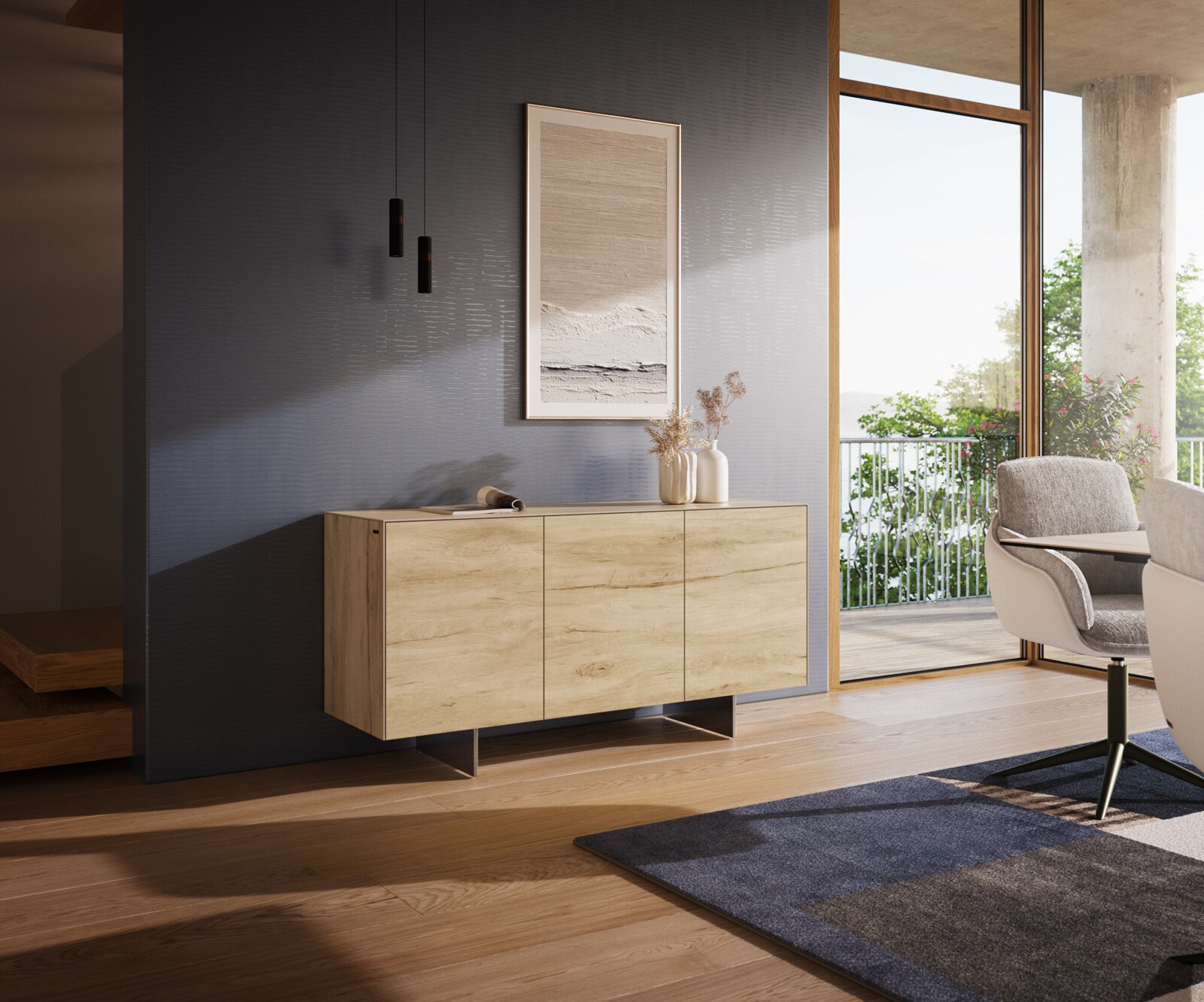 Buffet Cuor 150 cm Céramique Laminam® Sabbia Teinte chêne 3 Portes Pied optique flottant Ancier inoxydable