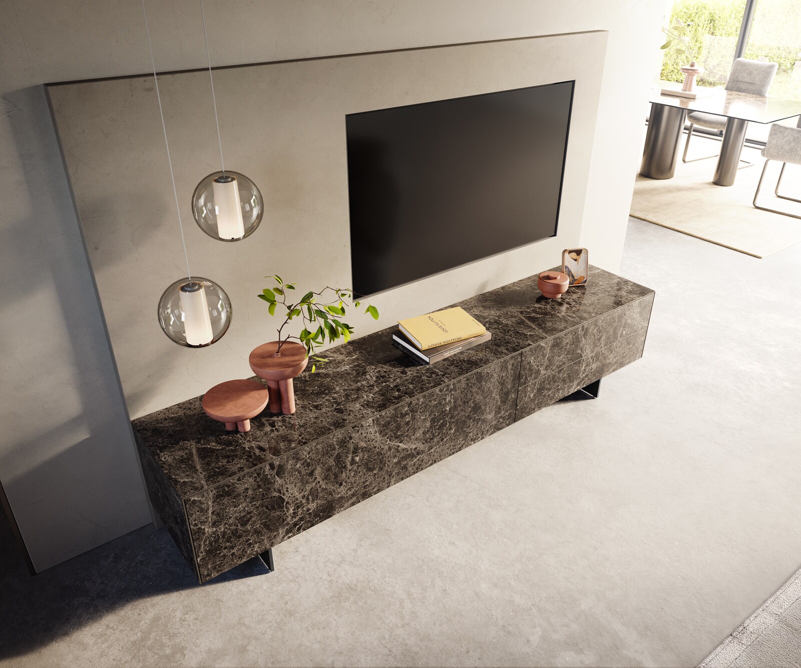 Meuble-TV Cuor 220 cm Céramique Emperador Extra Lucidato brun foncé 1 Clapet 2 Tiroirs Pied optique flottant Métal Noir 4