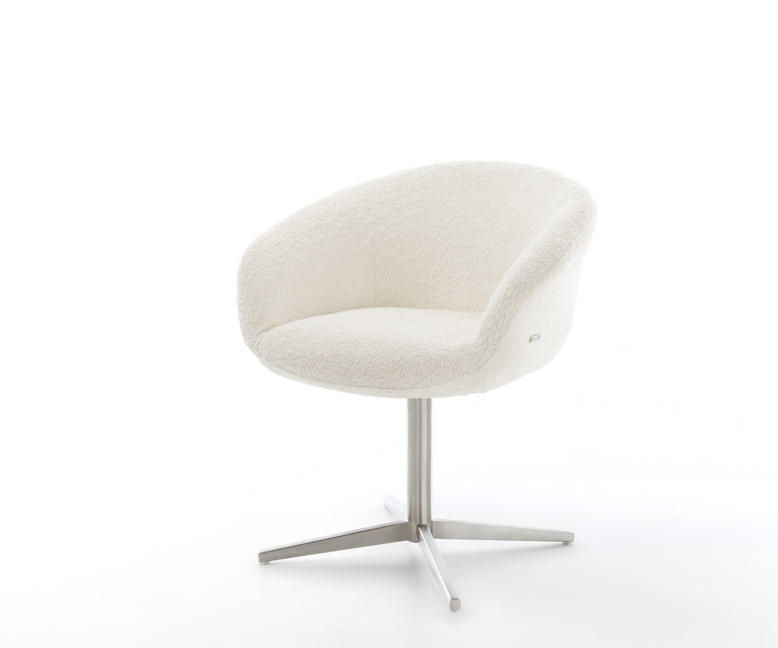 Chaise-pivotante Vinka-Flex avec accoudoirs bouclé blanc pied de chaise 4 branches acier inoxydable brossé pivotement sur 360° ressorts ensachés