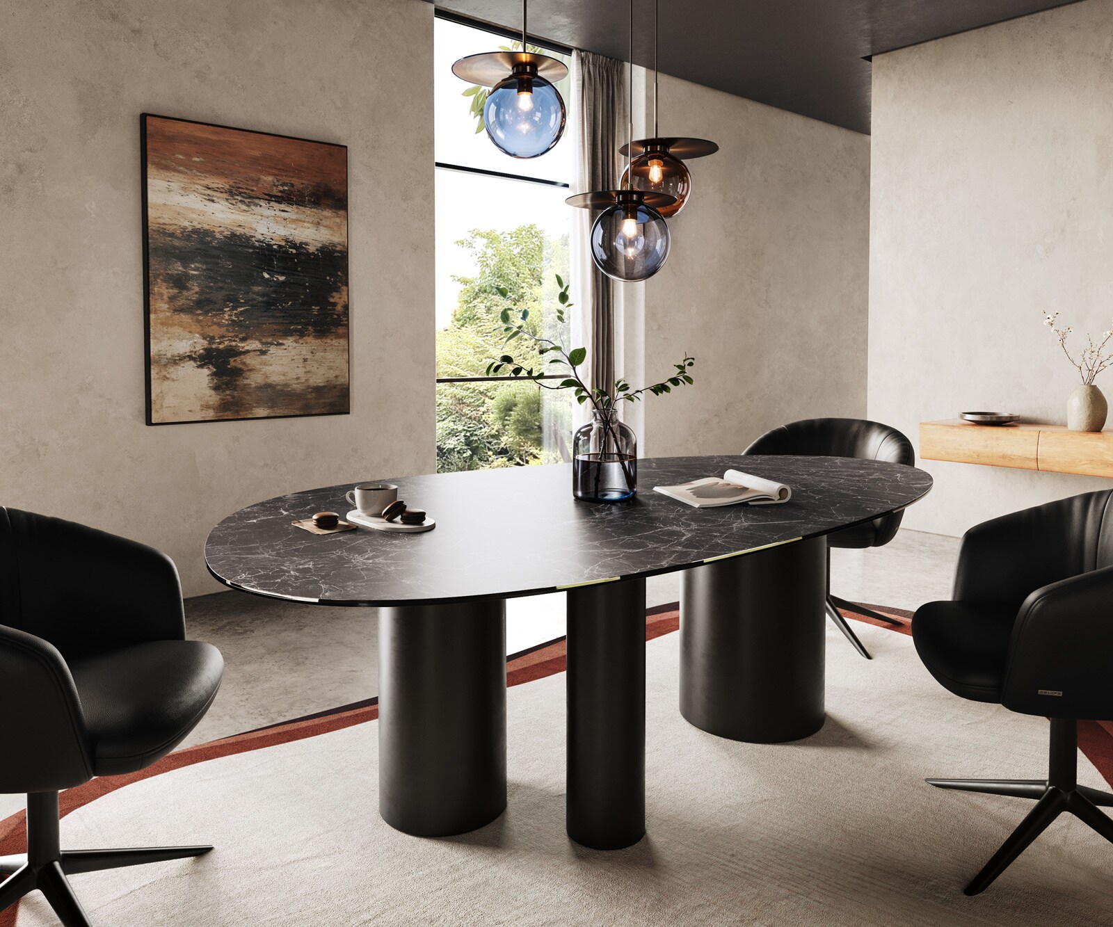 Table à manger Edge ovalee 220x120 céramique Laminam® Nero Greco anthracite Troa métal noir