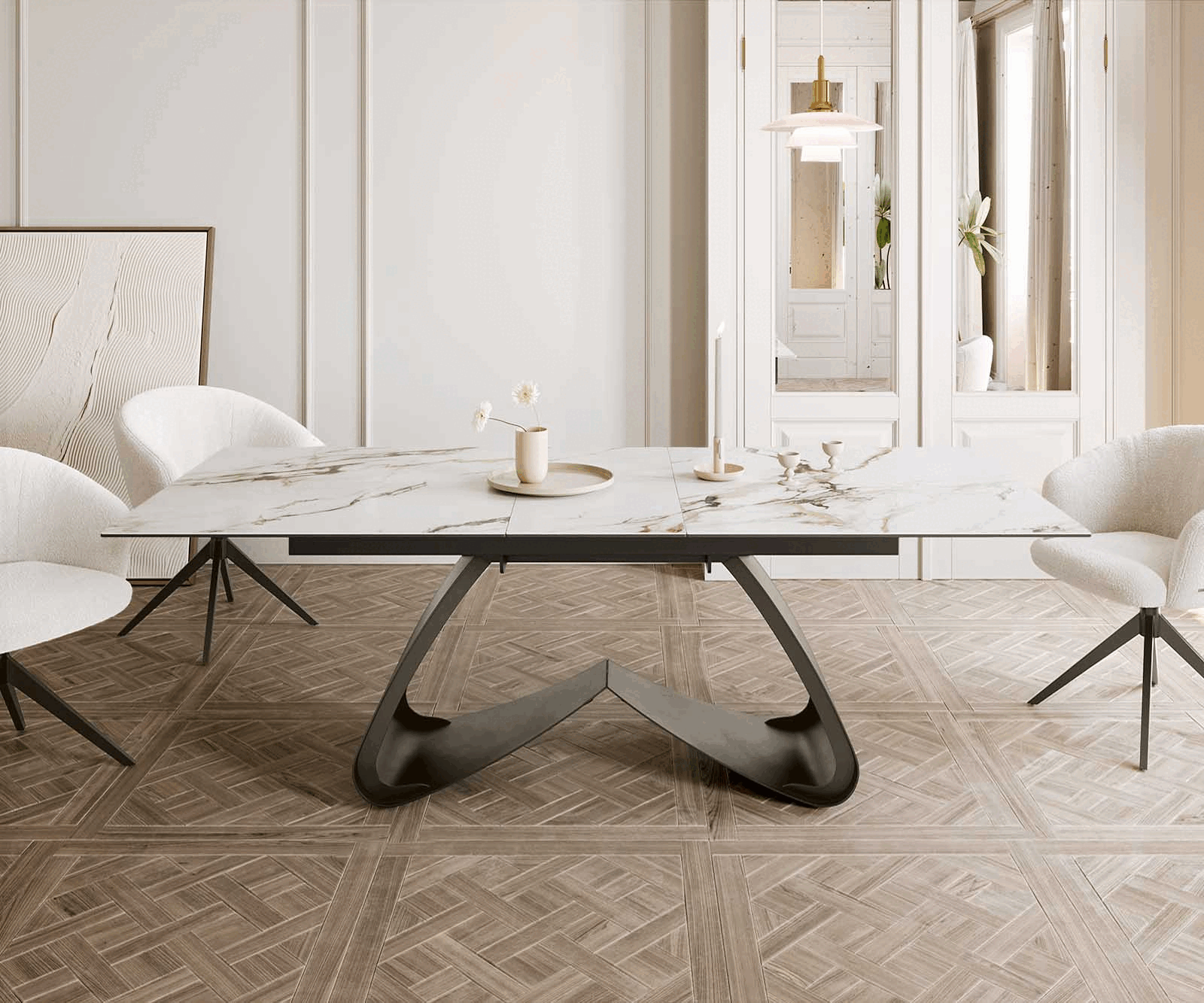 Table à manger Edge 180-220x100 Céramique Calacatta Luxe Blanc-Or-Gris cadre en W Finition Effet Titane Extensible 2
