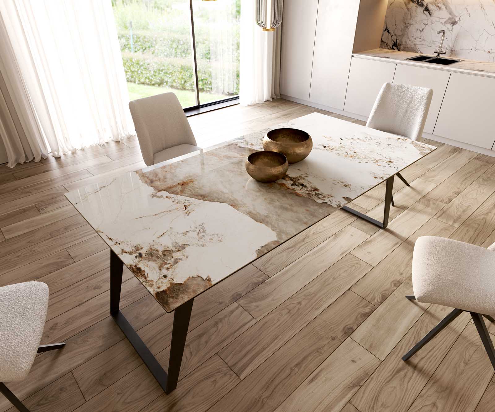 Table à manger Edge 200x100 céramique Minas mélange blanc-beige métal incliné noir 5 Table à manger Edge 200x100 céramique Minas mélange blanc-beige métal incliné noir 5