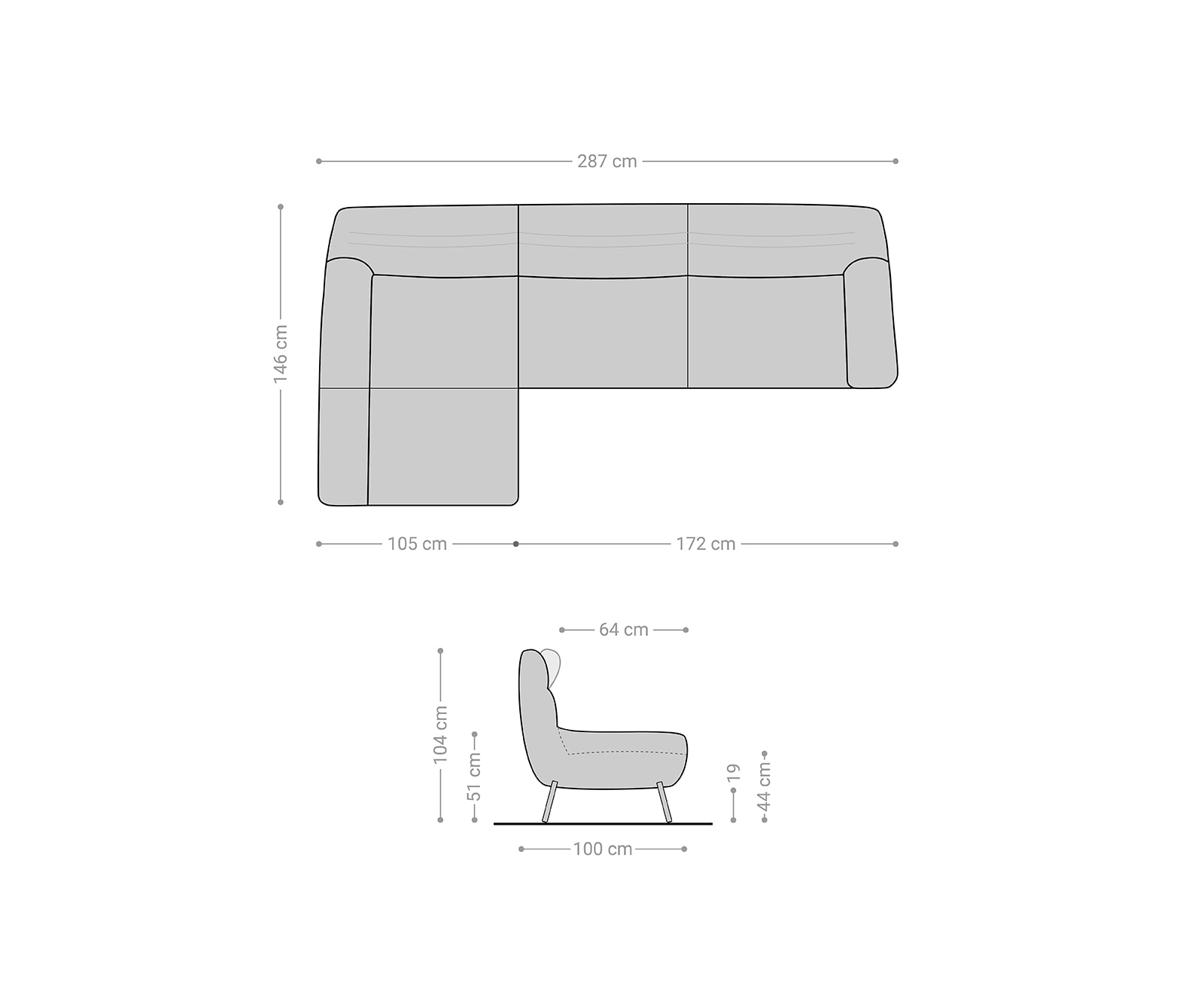 Canapé-d'angle Shape High 305x160 gris pierre chaise longue  gauche de la marque ES 6 Canapé-d'angle Shape High 305x160 gris pierre chaise longue  gauche de la marque ES 6