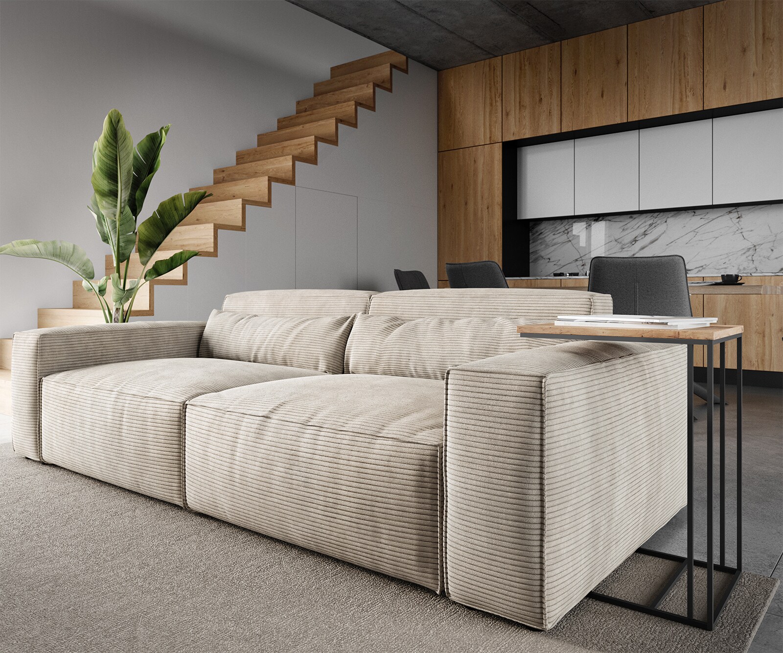 Big-Sofa Sirpio 230x90 cm Velours côtelé Beige avec Tabouret 4