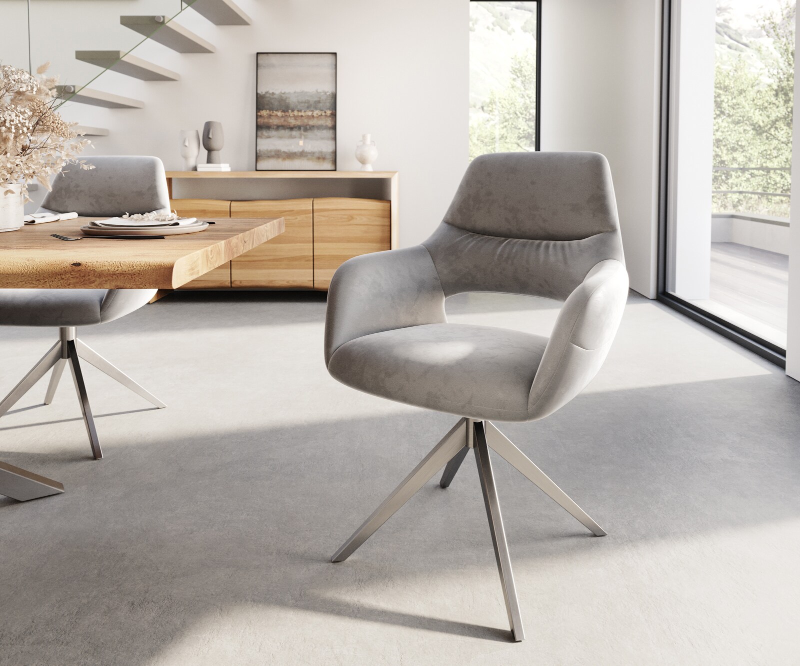 Chaise-de-salle-à-manger Yago-Flex avec accoudoirs velours gris pied croisé large acier inoxydable brossé ressorts ensachés