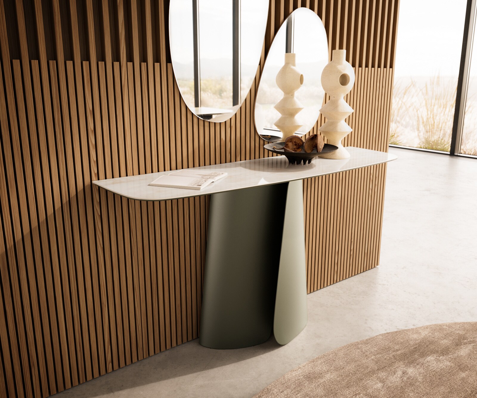 Console Edge forme bateau 140x40 cm Céramique Onyx Champagne Livos Métal Effektfinish Titan 4