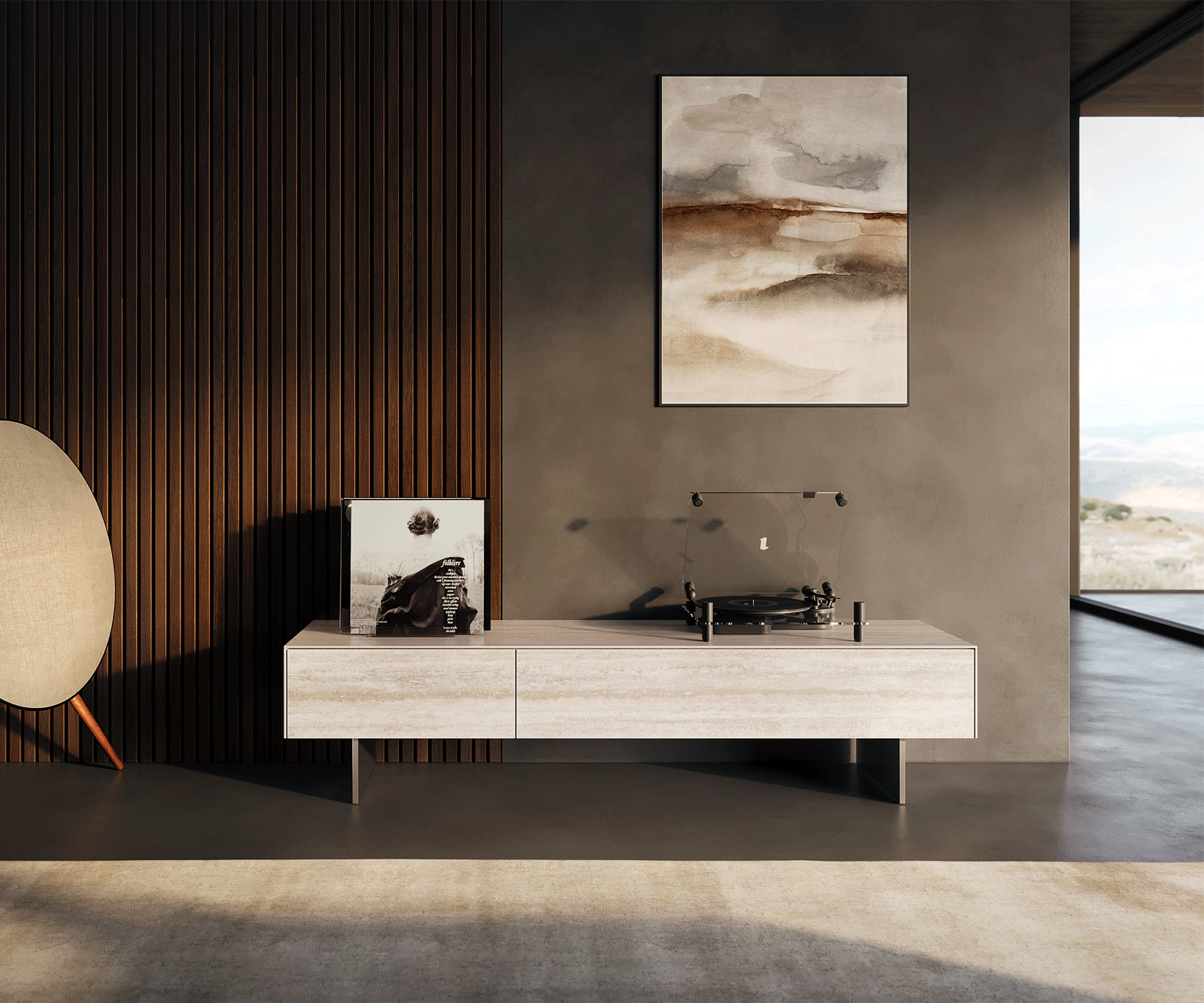 Meuble-TV Cuor 150 cm Céramique Laminam® Travertino Bianco Crème-blanc 1 Clapet 1 Tiroir Pied optique flottant Ancier inoxydable 1