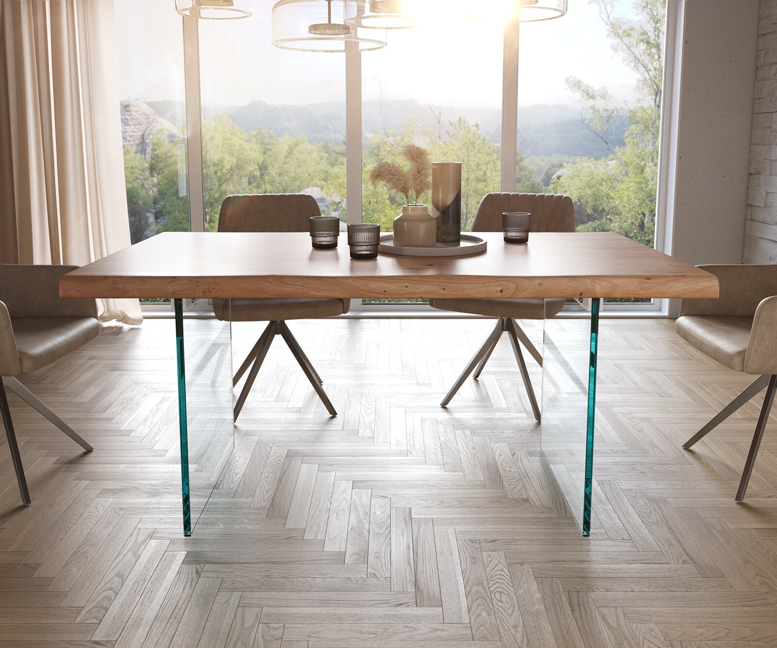 Table à manger Edge 160x90 XL acacia nature verre Live-Edge 1