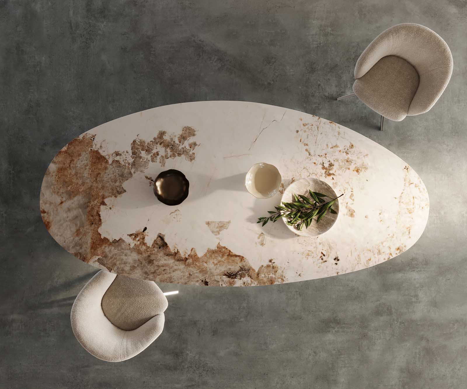 Table à manger Edge Oval 280x130 Céramique Minas Melange Blanc-Beige Pilier Acier inoxydable 4