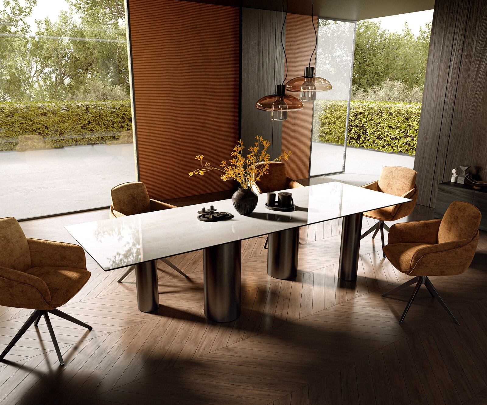 Table à manger Edge 300x100 cm céramique Onyx Champagne Pilier inox graphite 6