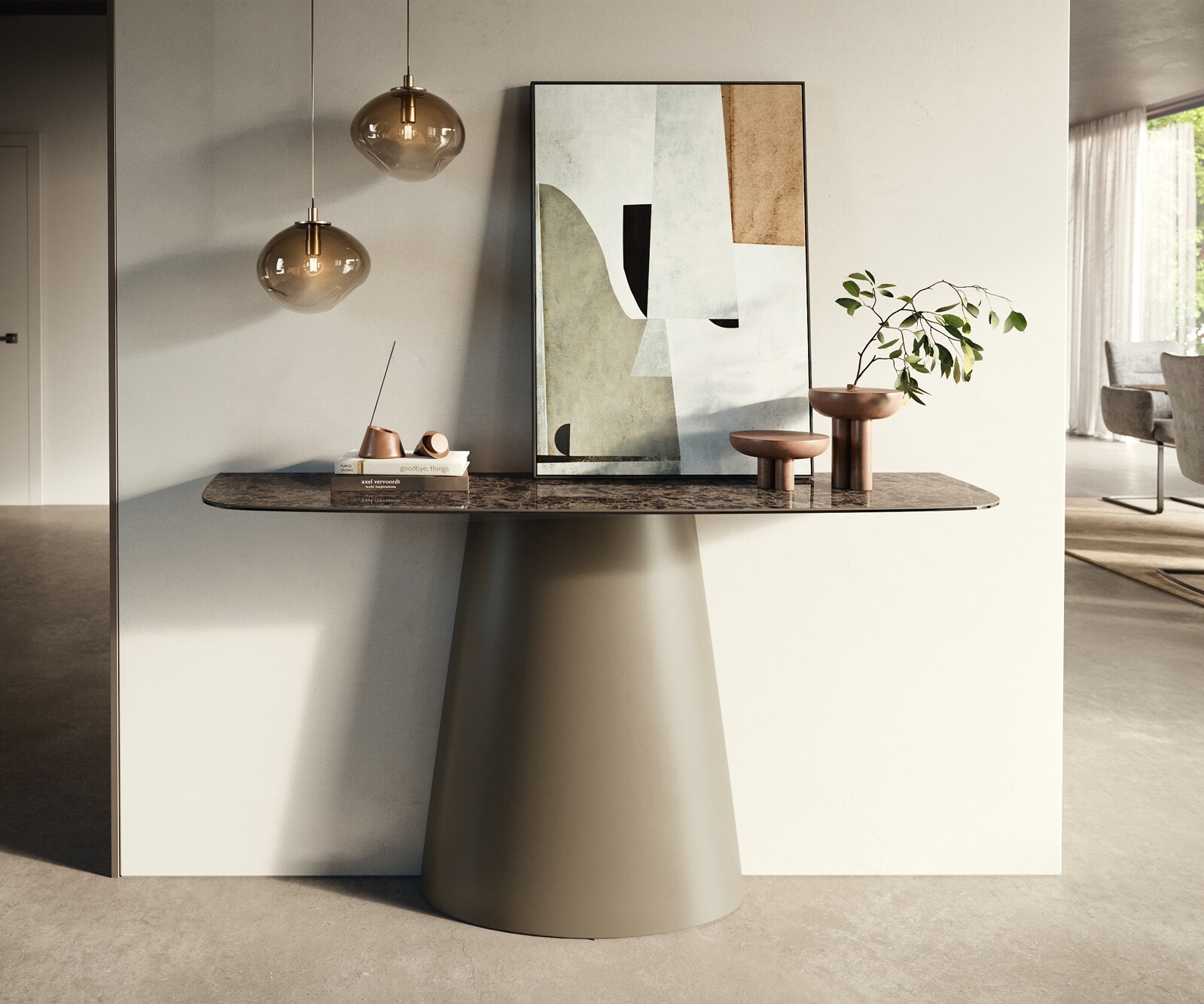 Console Edge forme bateau 140x40 cm Céramique Emperador Extra Lucidato Dunkelbraun Conos Métal Effektfinish Titan