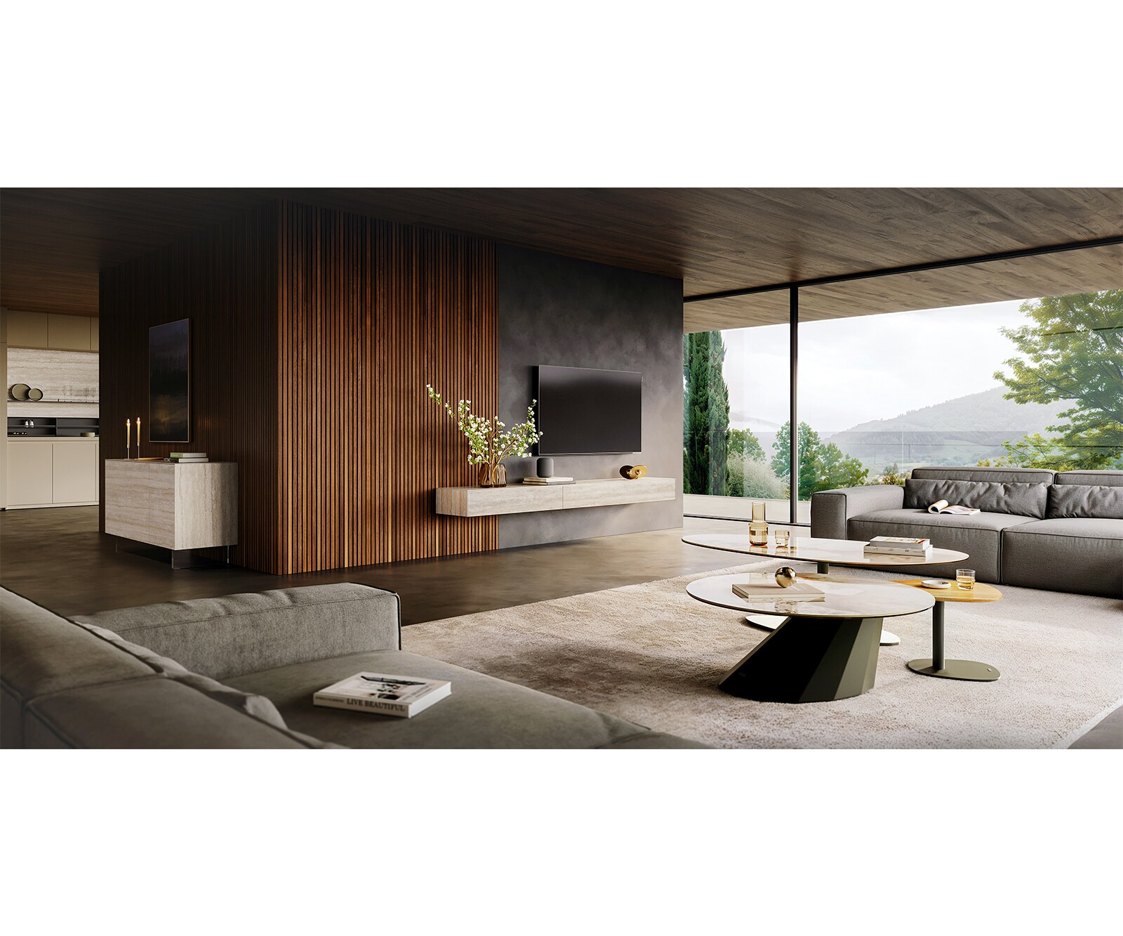 Meuble-TV Cuor 200 cm Céramique Laminam® Travertino Bianco Crème-blanc 1 Clapet 1 Tiroir Pied optique flottant Verre acrylique 7