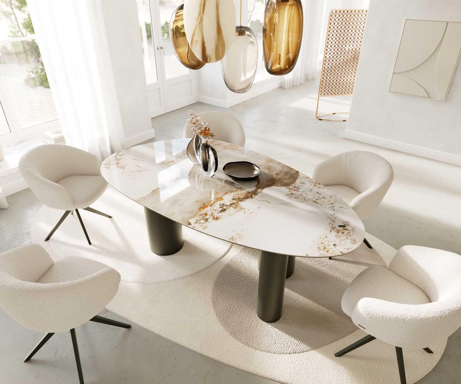 Table à manger Edge Oval 220x120 Céramique Minas Melange Blanc-Beige Pilier Métal Effet Titane Table à manger Edge Oval 220x120 Céramique Minas Melange Blanc-Beige Pilier Métal Effet Titane