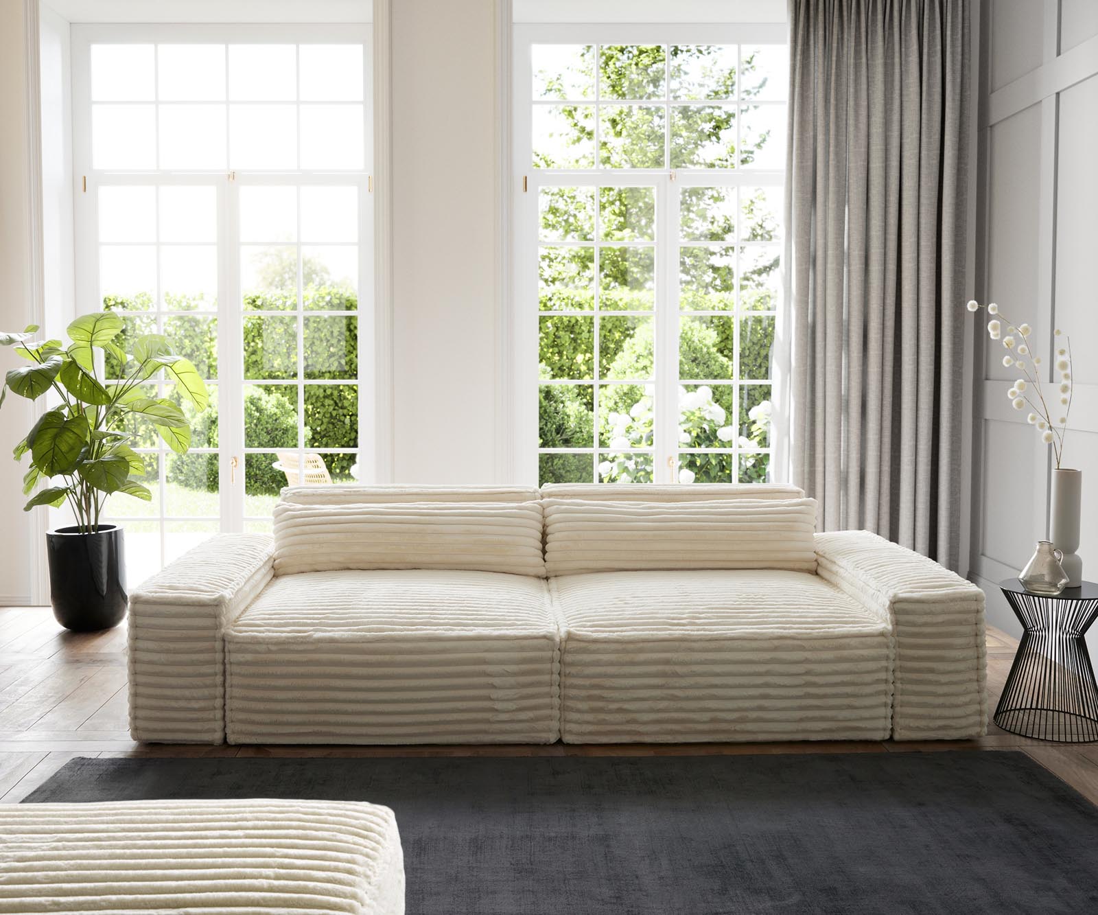 Grand Canapé Sirpio XL 270x130 cm velours côtelé beige avec pouf 1 Grand Canapé Sirpio XL 270x130 cm velours côtelé beige avec pouf 1