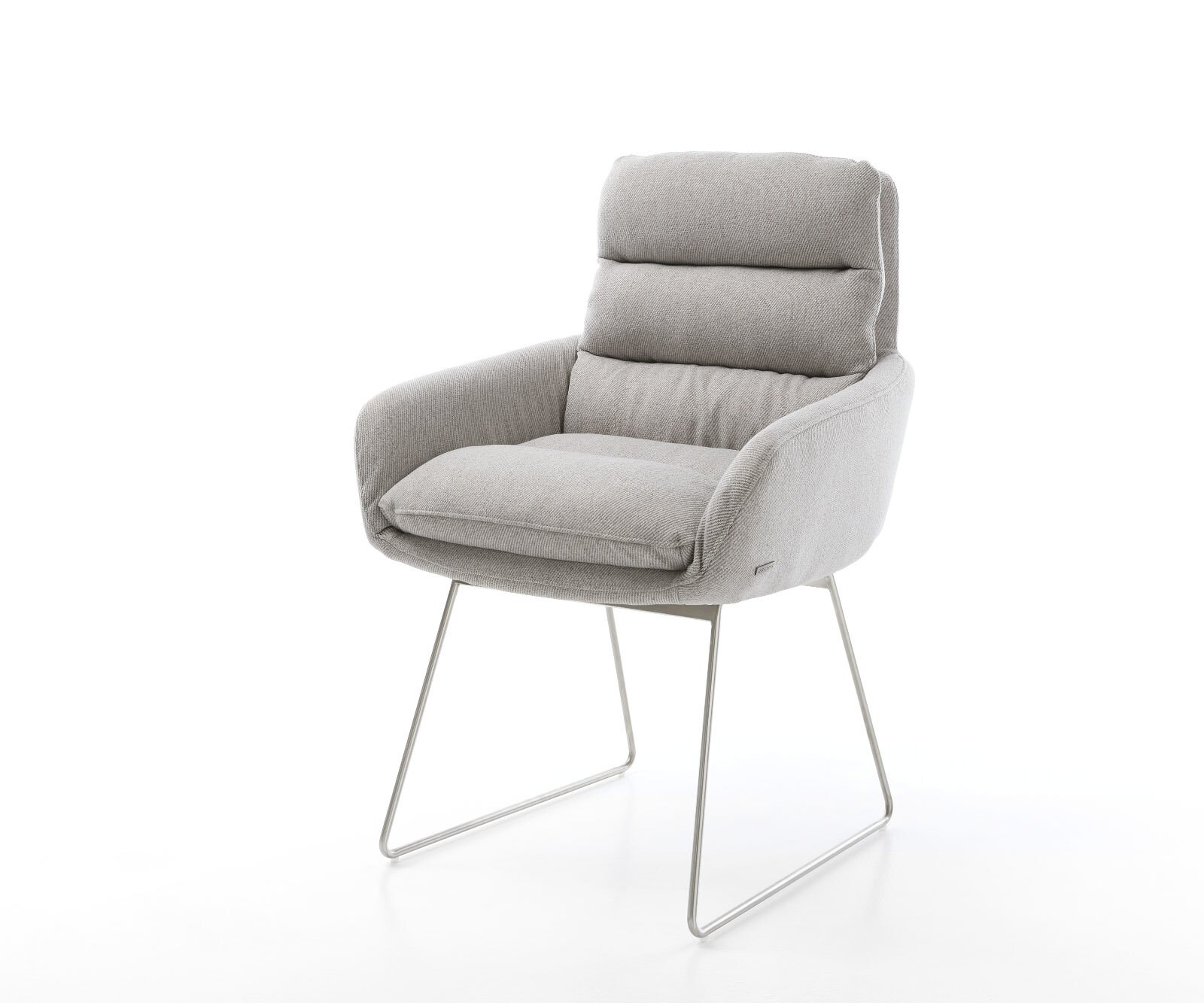Chaise-de-salle-à-manger Abelia-Flex avec accoudoirs rayures gris clair pied trapèze acier inoxydable brossé