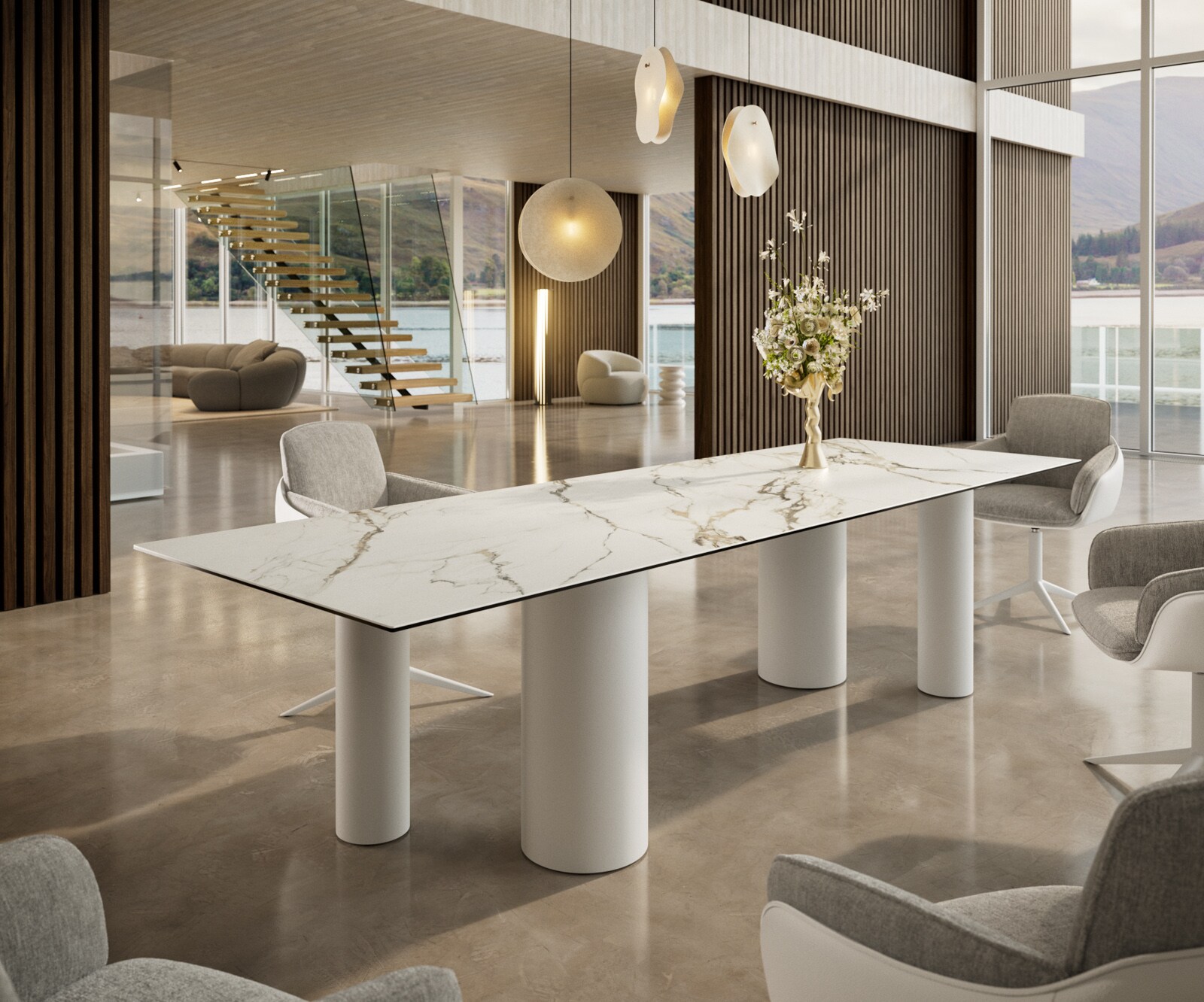 Table à manger Edge 300x100 Céramique Calacatta Luxe Blanc-Doré-Gris Pilier Métal Blanc 1