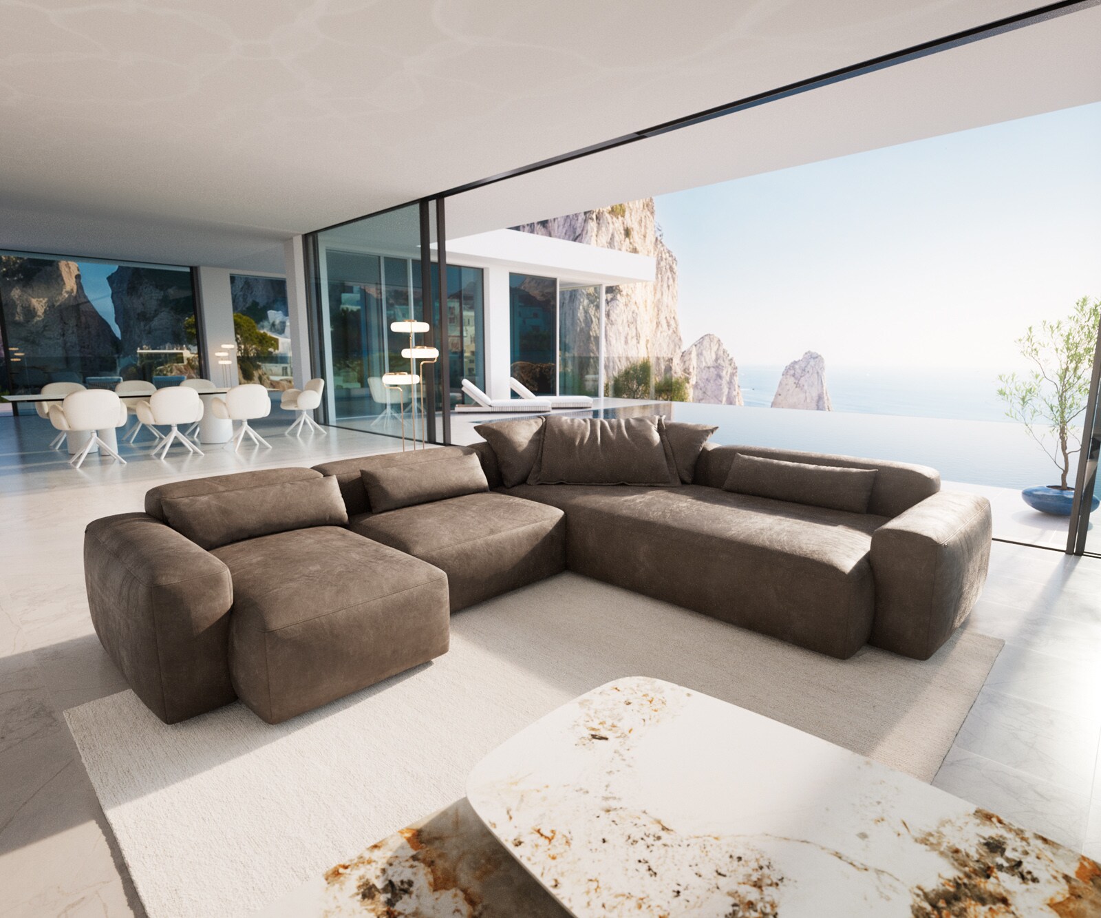 Canapé panoramique Freestyle 360x290 cm Tissu microfibre Taupe Vintage couture plate