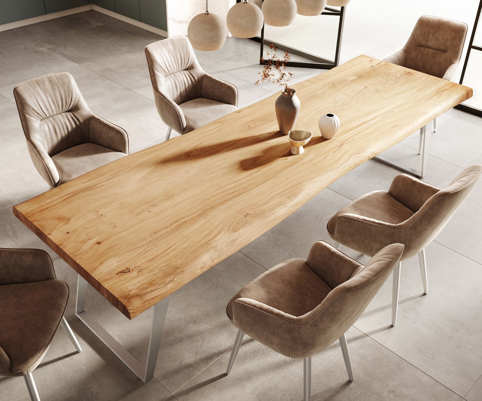 Table-à-manger Edge 300x100cm XL acacia nature acier inoxydable argent incliné Live-Edge 5