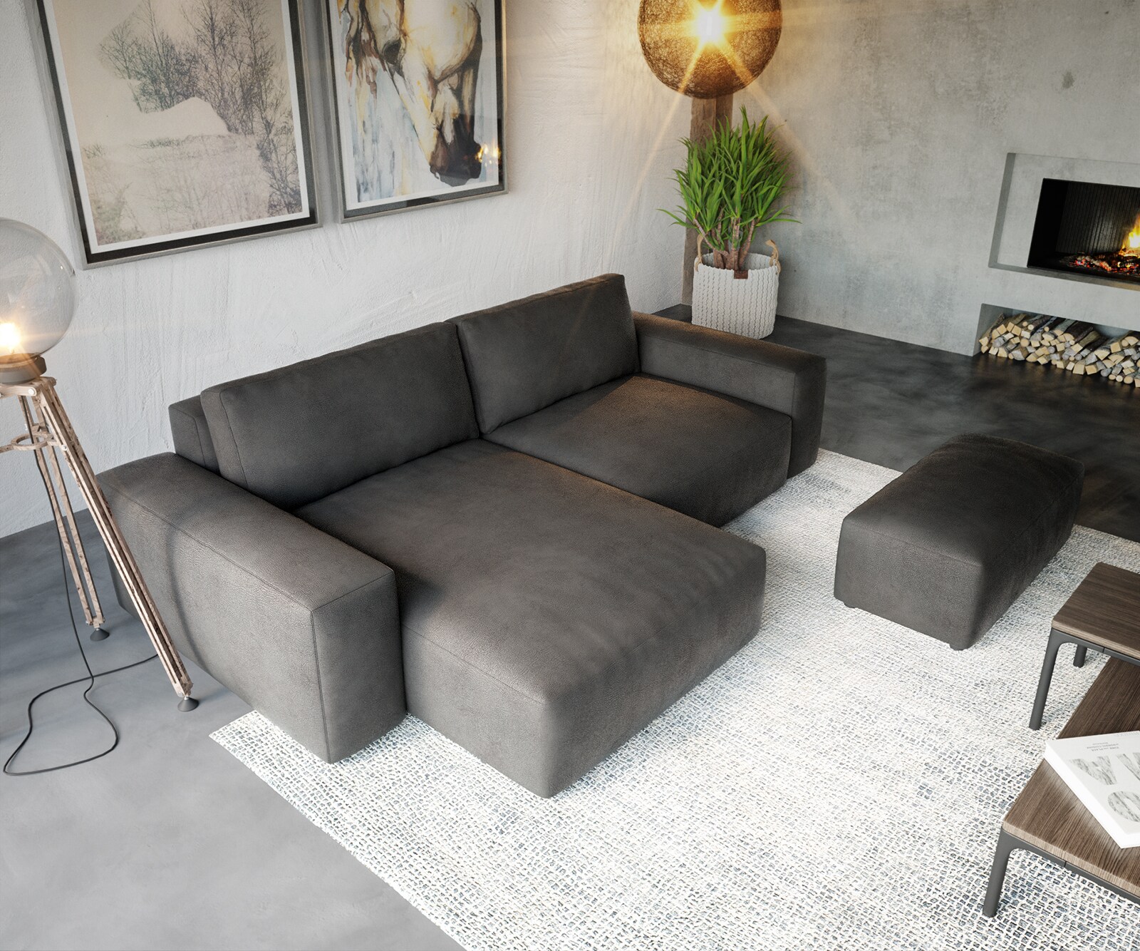 Canapé d'angle Lanzo XL 270x180 cm Imitation cuir Vintage Anthracite Recamière variable avec Tabouret 3