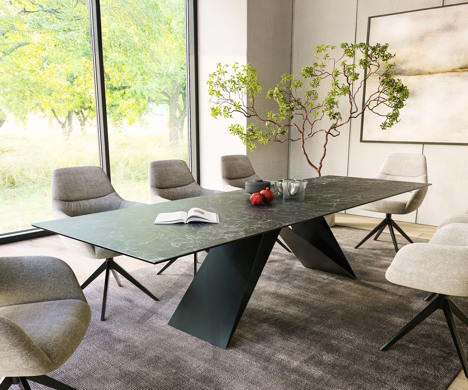 Table-à-manger Edge 300x100cm Laminam® céramique gris V-pieds milieu noir