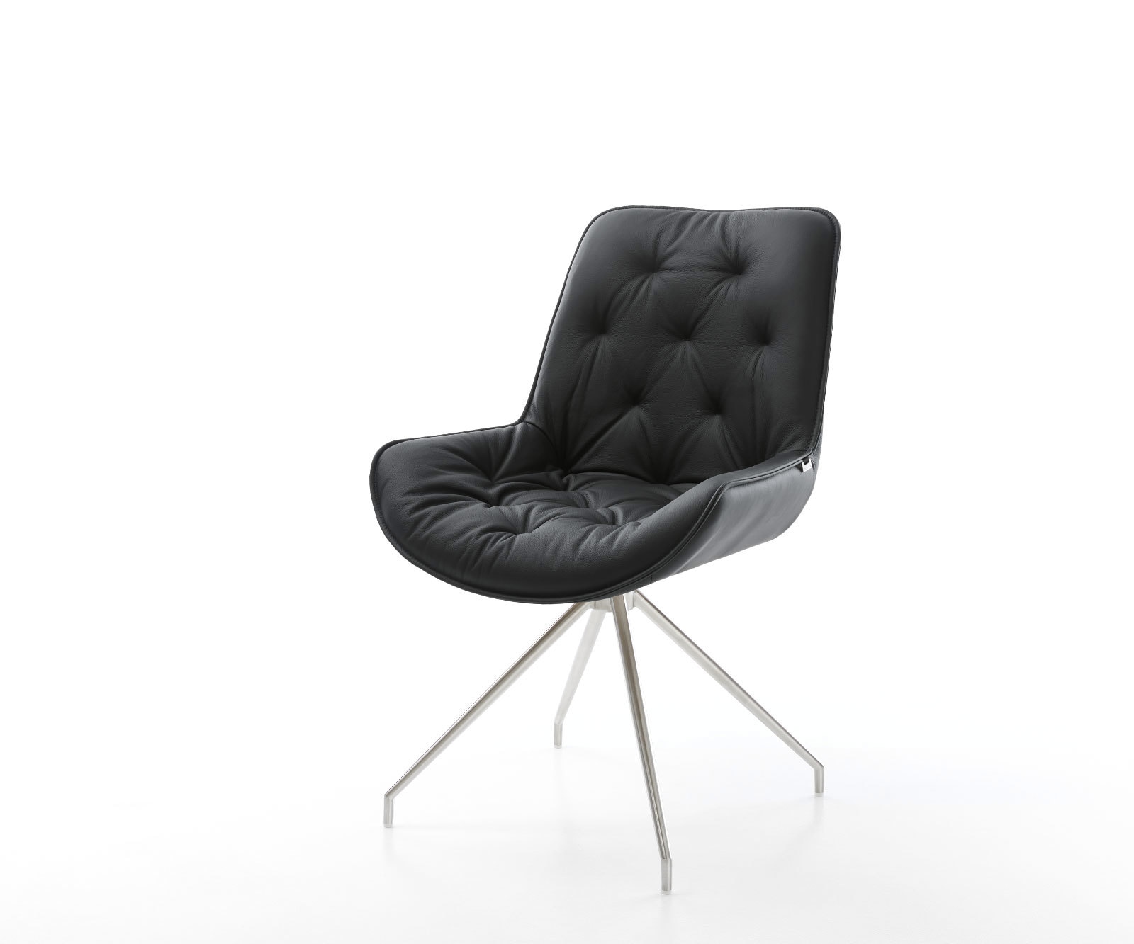 Chaise-de-salle-à-manger Taimi-Flex cuir de vache noir pied croisé conique acier inoxydable brossé Chaise-de-salle-à-manger Taimi-Flex cuir de vache noir pied croisé conique acier inoxydable brossé