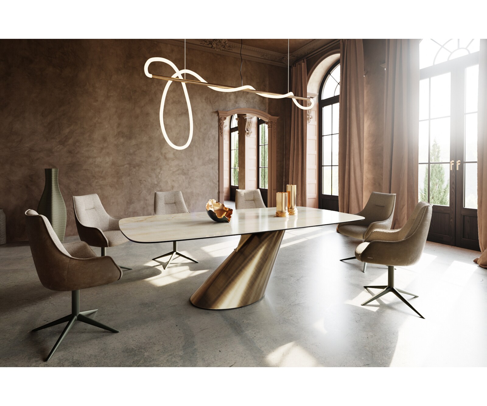 Table à manger Edge Boot 240x120 céramique Iris FMG Onice Oro Cono métallique doré 6