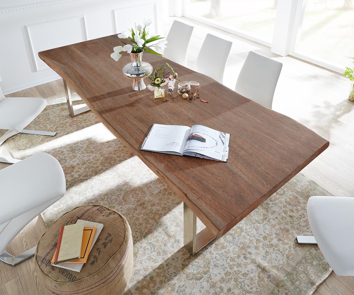 Table-à-manger Edge 300x100 XL acacia marron acier inoxydable mince Live-Edge 1 Table-à-manger Edge 300x100 XL acacia marron acier inoxydable mince Live-Edge 1